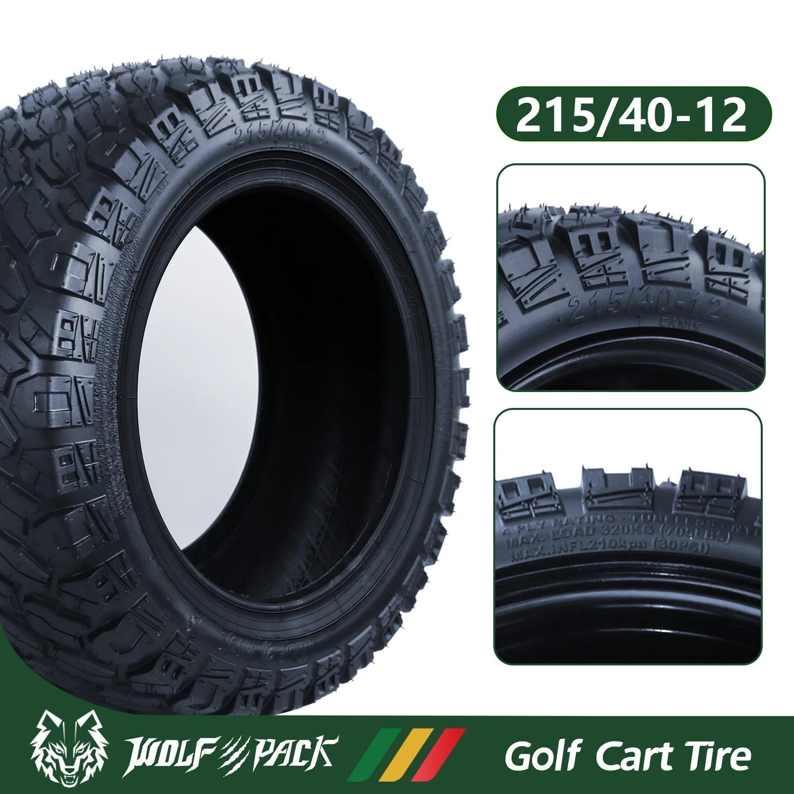 WOLF PACK Golf Cart Tires 215/40-12 Non-Directional Tubeless Tire Multi-Terrain Tire with Superior Traction and Mud-Resistant Self-Cleaning Tread Design for Long-Lasting Performance