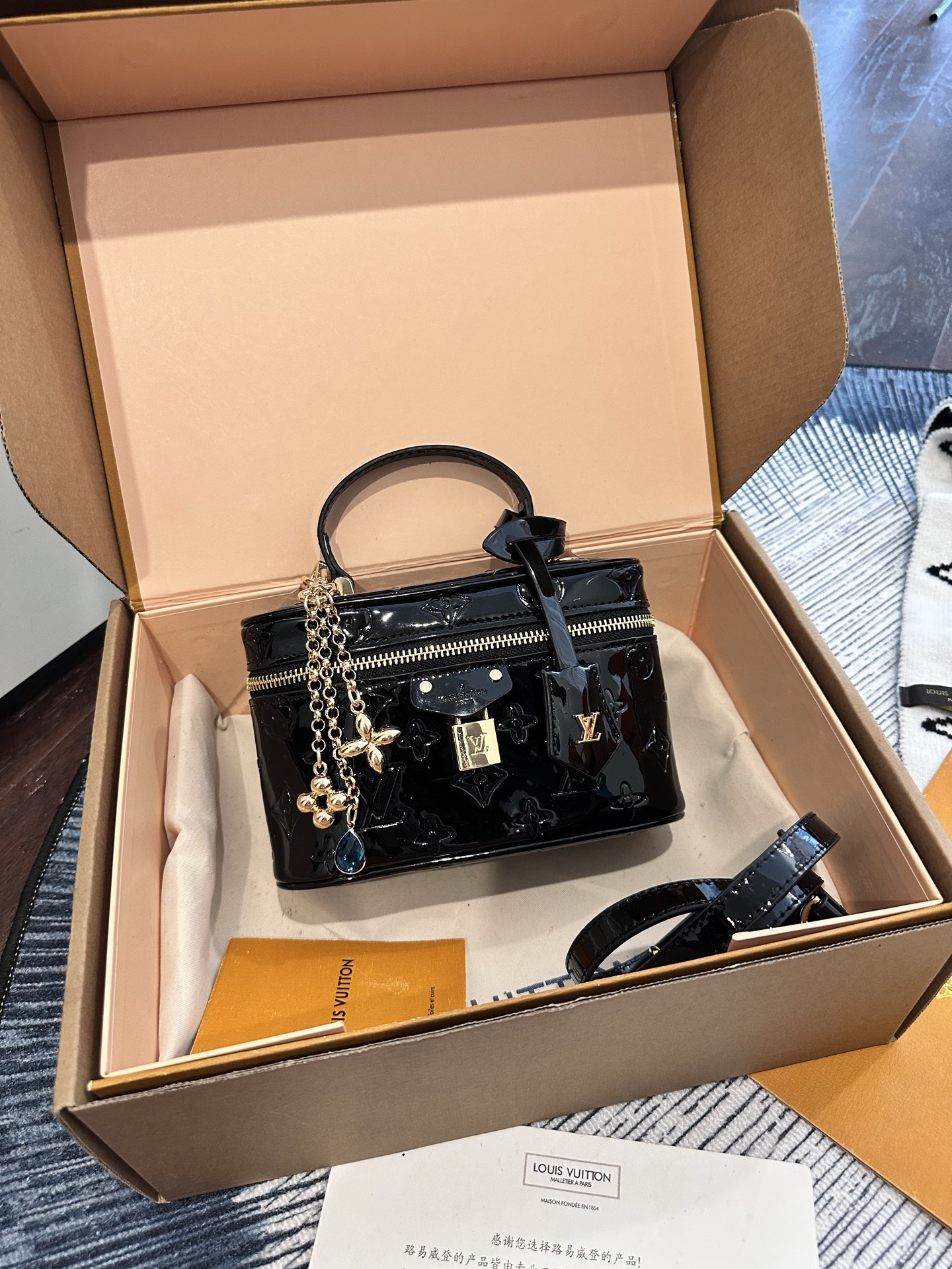 LV Mini Nice Vanity Case Embossed Patent Leather Lock Gem Logo Charm Crossbody Top Handle Bag