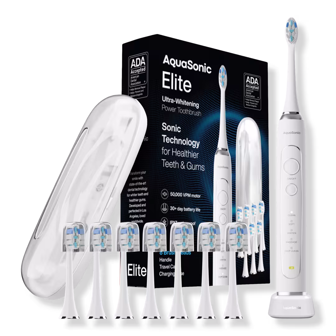 AquaSonic  Elite Rechargeable Electric Toothbrush with 8 Brush Heads & Travel Case