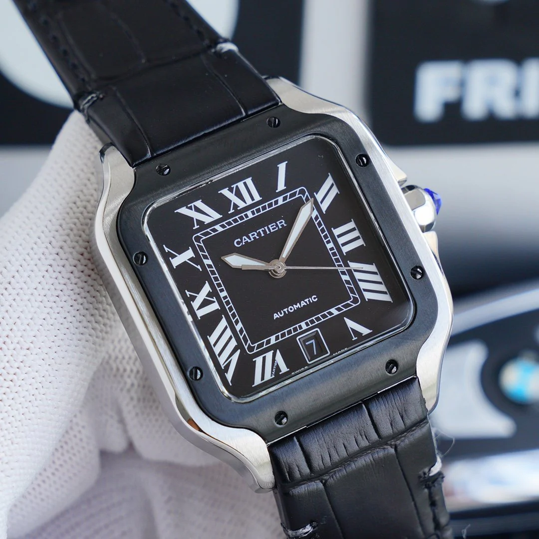 Cartier Watch SANTOS 40MM STAINLESS STEEL BLACK BEZEL LEATHER STRAP