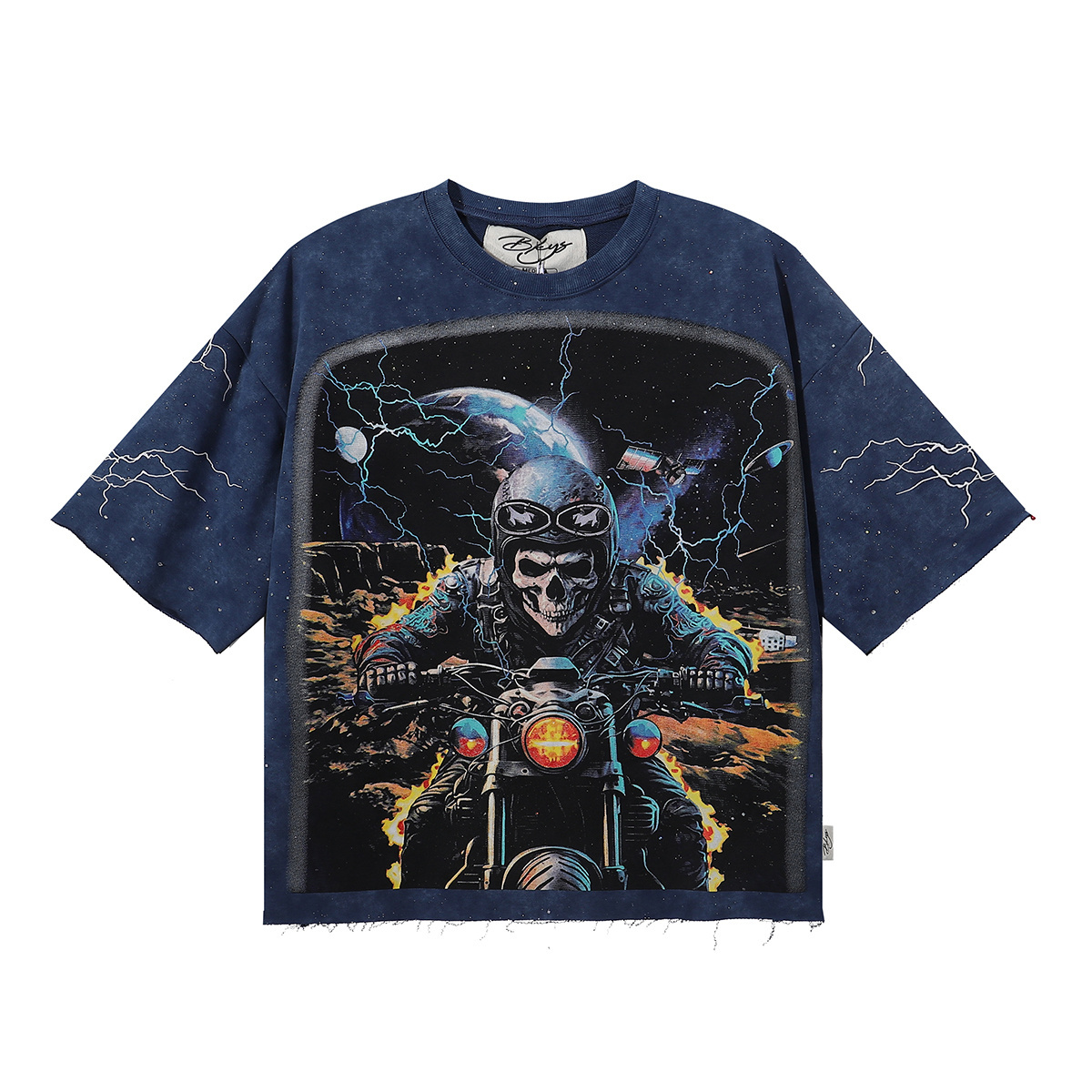 Dark blue lightning motorcycle rider print three-dimensional tailored short sleeve shirt