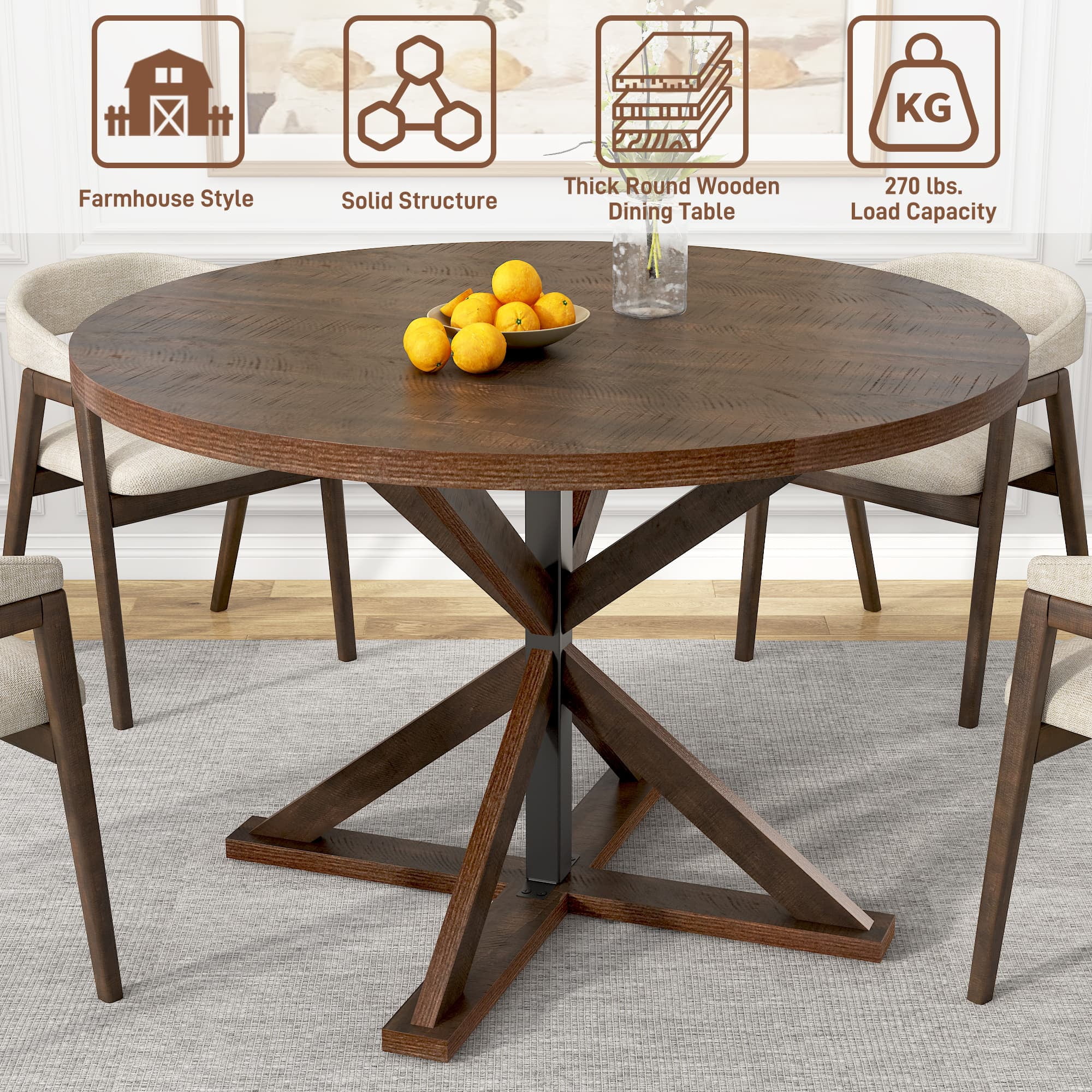 Farmhouse Round Dining Table for 4, 47 Inch Kitchen Table Wooden Dinner Table Wood Kitchen Dinning Table for Dining Room Kitchen,Living Room