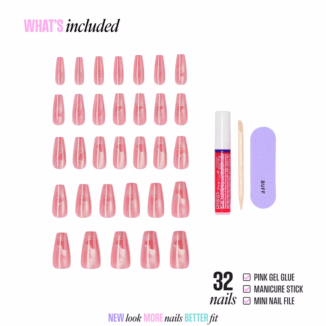 Kiss  Glam Embellished Long Coffin Press On Nails, Pink Sugar