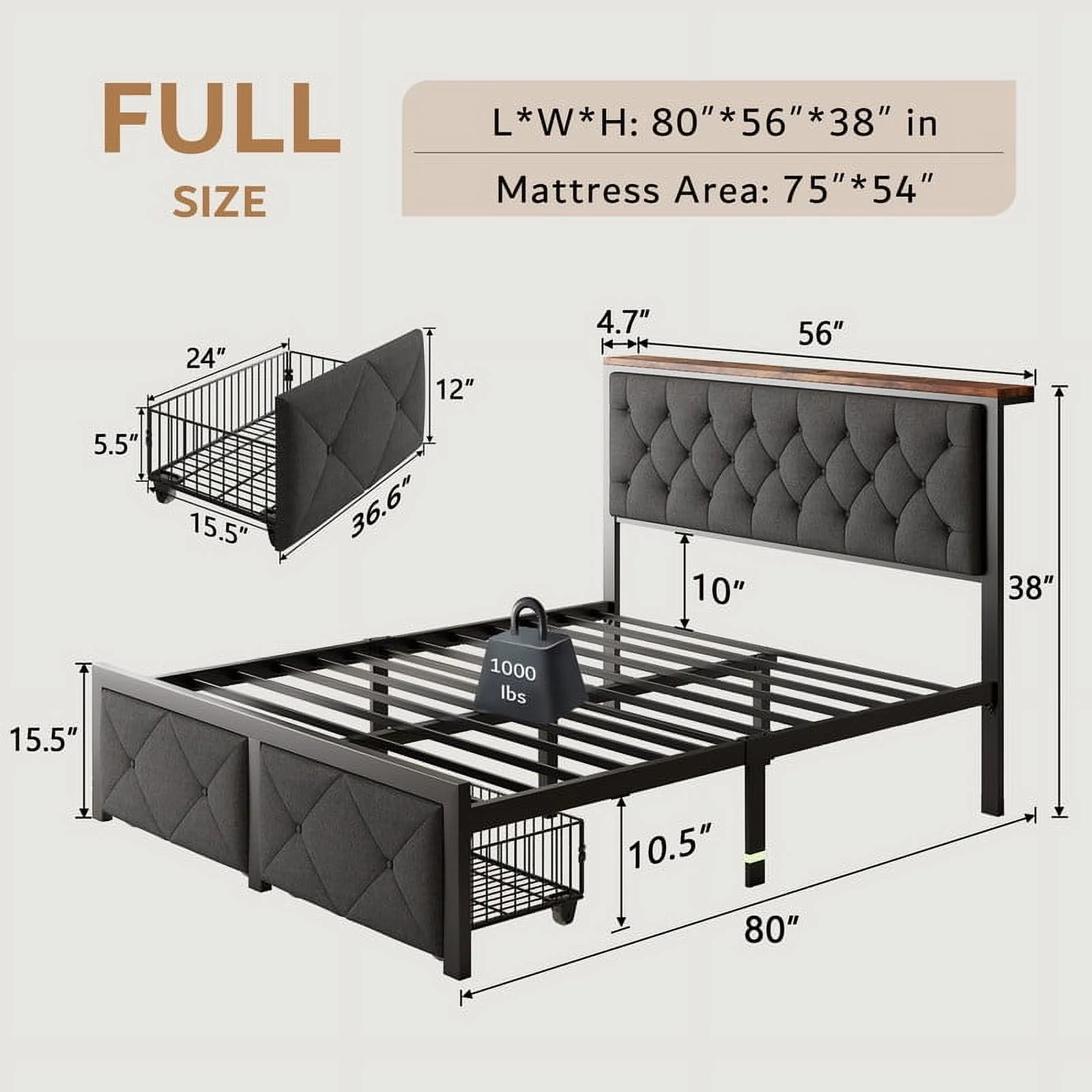 iPormis Full Bed Frame with 2 Drawers, Metal Platform Bed with Charging Station and Linen Fabric Storage Headboard Strong Metal Slats Black,Gray