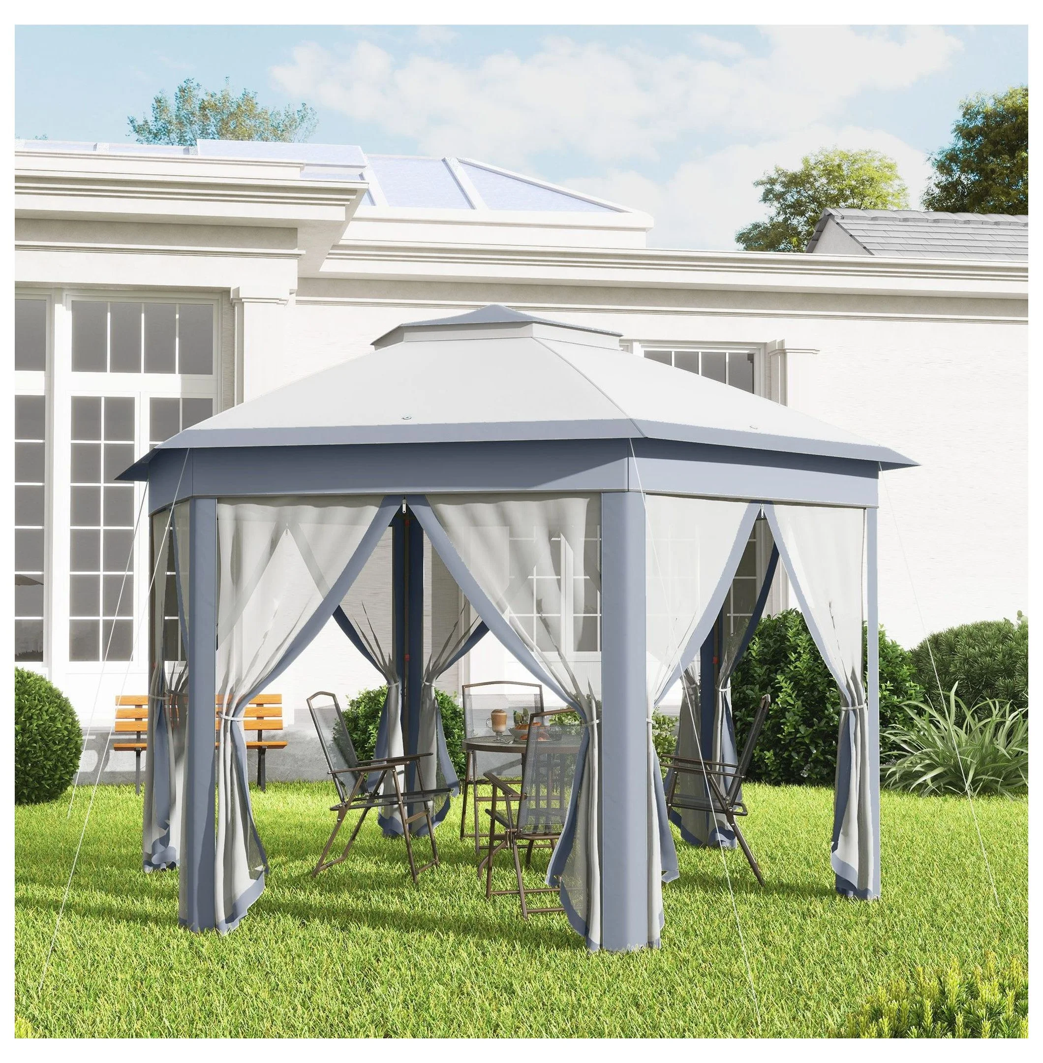 SAZYY 13'x13' Pop Up Gazebo Hexagonal Canopy Shelter with 6 Zippered Mesh Netting for Patio Backyard Garden Wedding Party