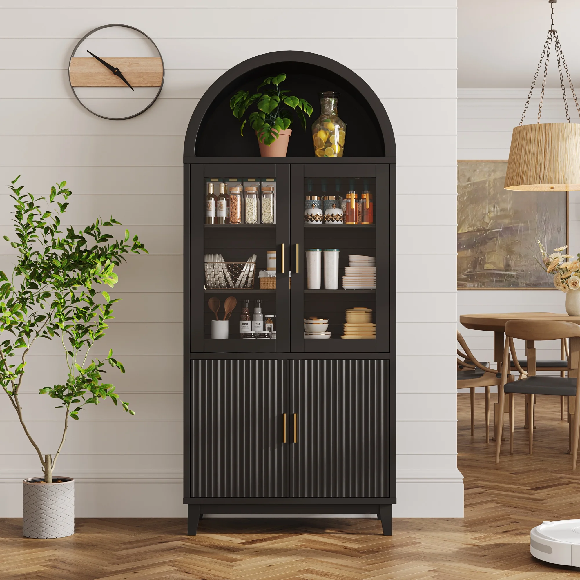VEANERWOOD 71" Tall Arch Cabinet, Wood Fluted Kitchen Kitchen Storage Cabinet with 4 Doors and 6 Shelves for Dining Room Living Room
