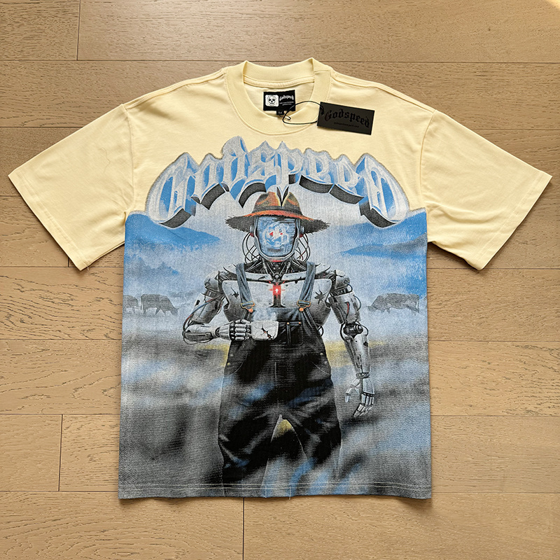 Denim jazz robot print short-sleeved shirt