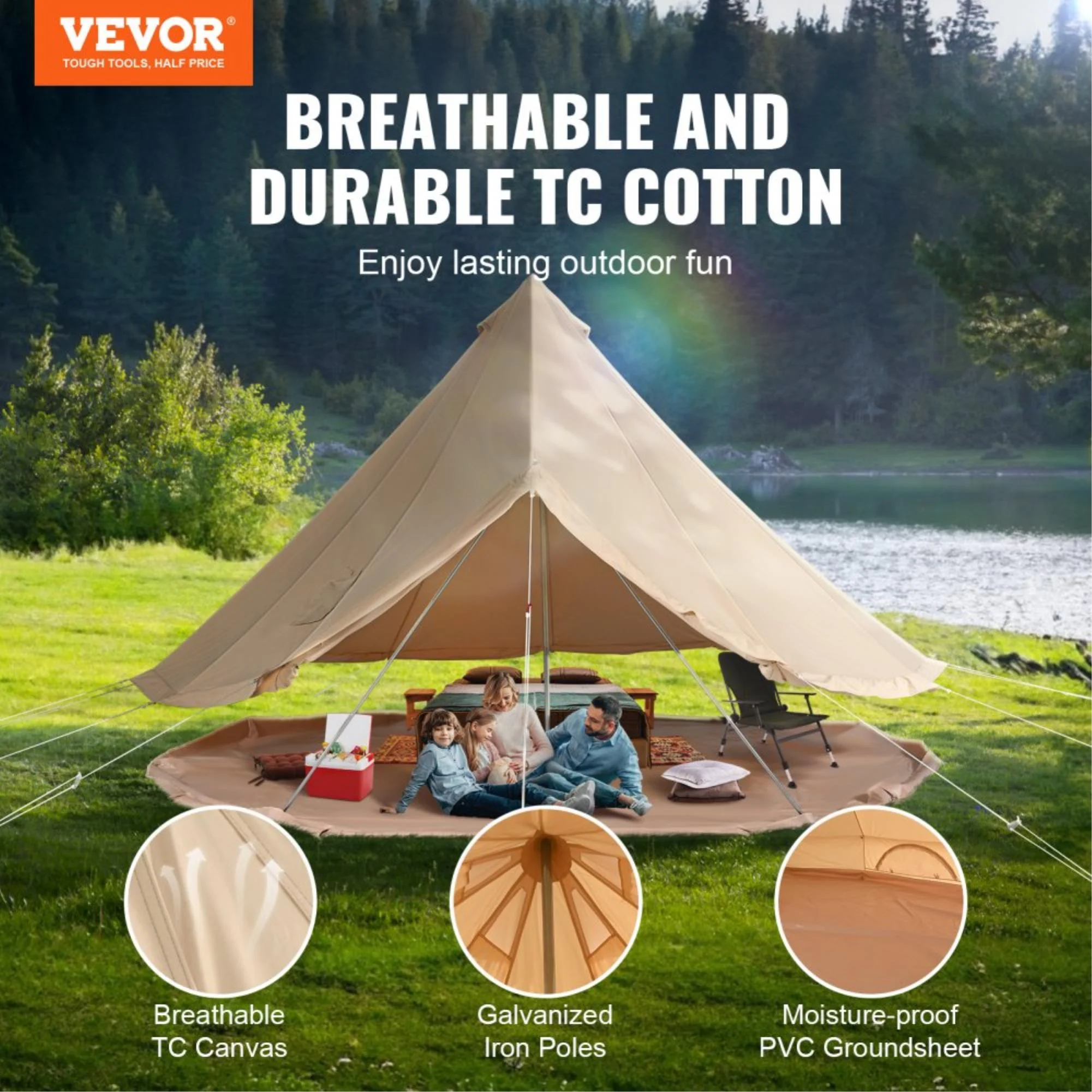 12-Person Waterproof Canvas Glamping Bell Tent with Stove Jack, Breathable Design & Detachable Side Wall for Family Camping Fun, 23'x23' (Diameter 7M)