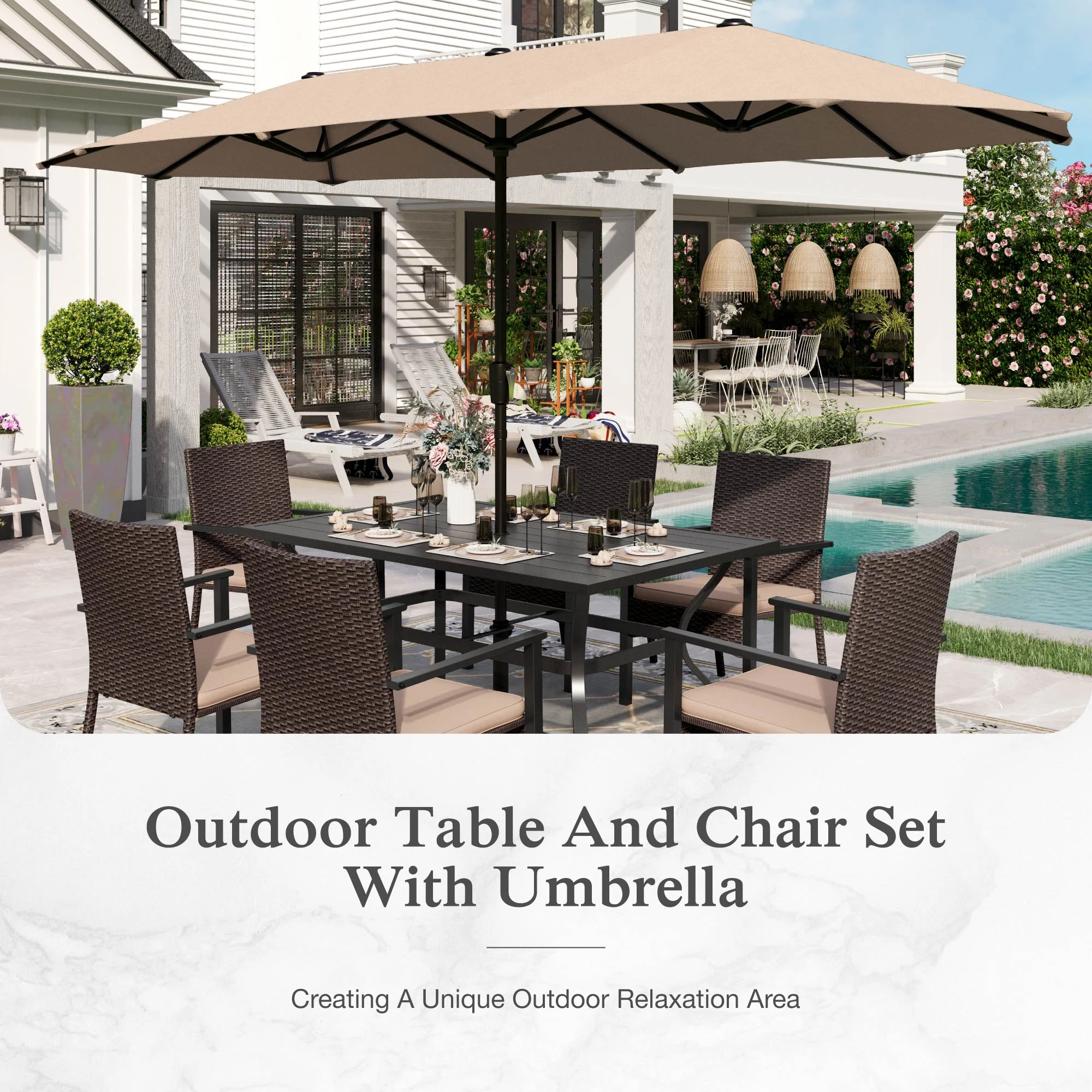 Alpha Joy 8-Piece Outdoor Patio Dining Set with 13 ft Umbrella, Rattan Chairs & Rectangle Table Set for 6, Beige Umbrella