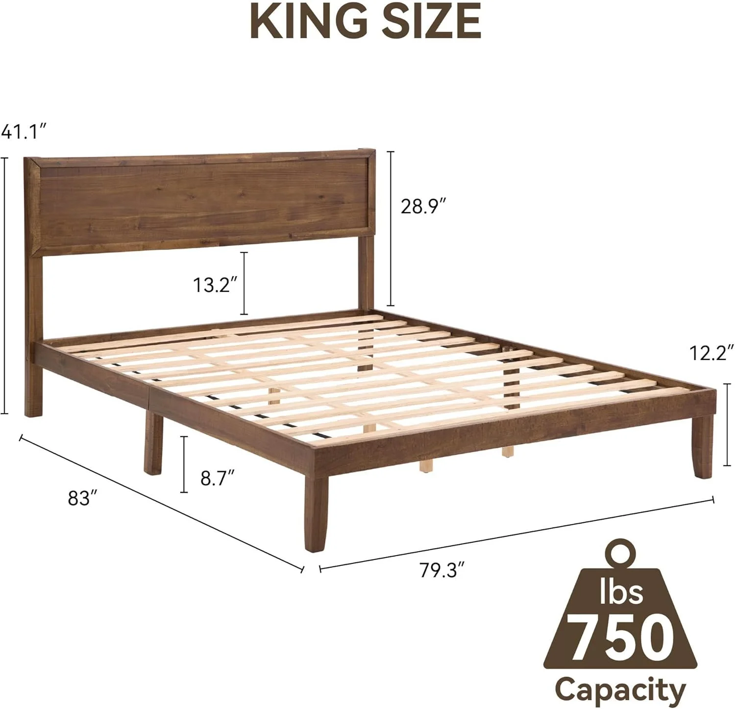 BISHE Wood King Size Bed Frame,Wooden King Platform Bed Frame with Headboard,Sturdy Rubber Modern Home Style Bed Frame for Bedroom, King
