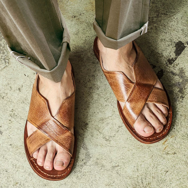 Handmade first layer cowhide retro sandals