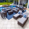 Tuscany 21-Piece Resin Wicker Outdoor Patio Furniture Combination Set with Sectional Set, Eight-seat Dining Set, and Chaise Lounge Set (Half-Round Brown Wicker, Polyester Light Gray)