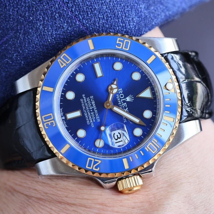 Rolex Watch SUBMARINER DATE 40 STEEL CASE GOLD BLUE CERAMIC LEATHER Watch