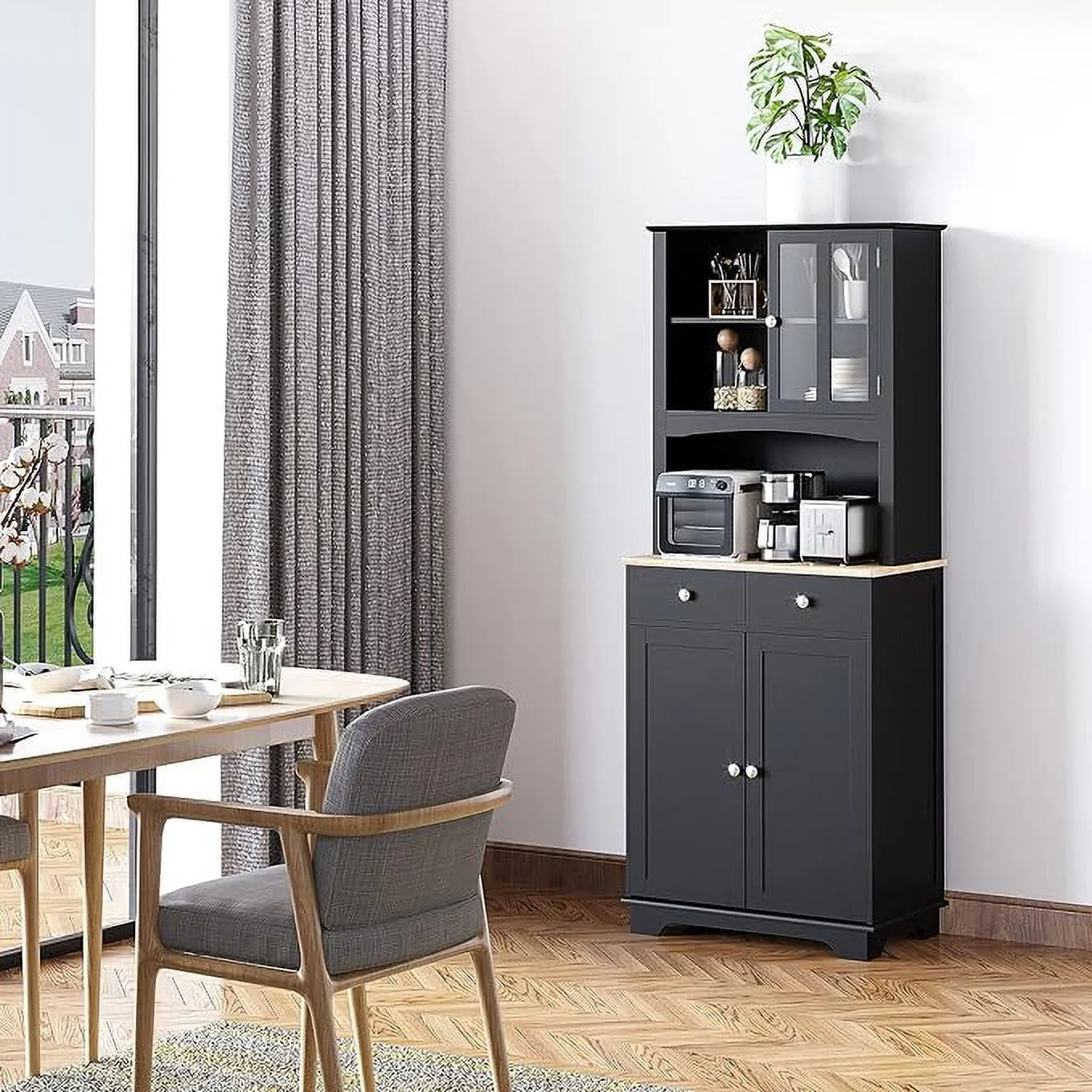 Freestanding 67" Kitchen Buffet with Hutch, Pantry Cabinet with Microwave Stand, Adjustable Shelf, 2 Drawers, Cupboard, Black