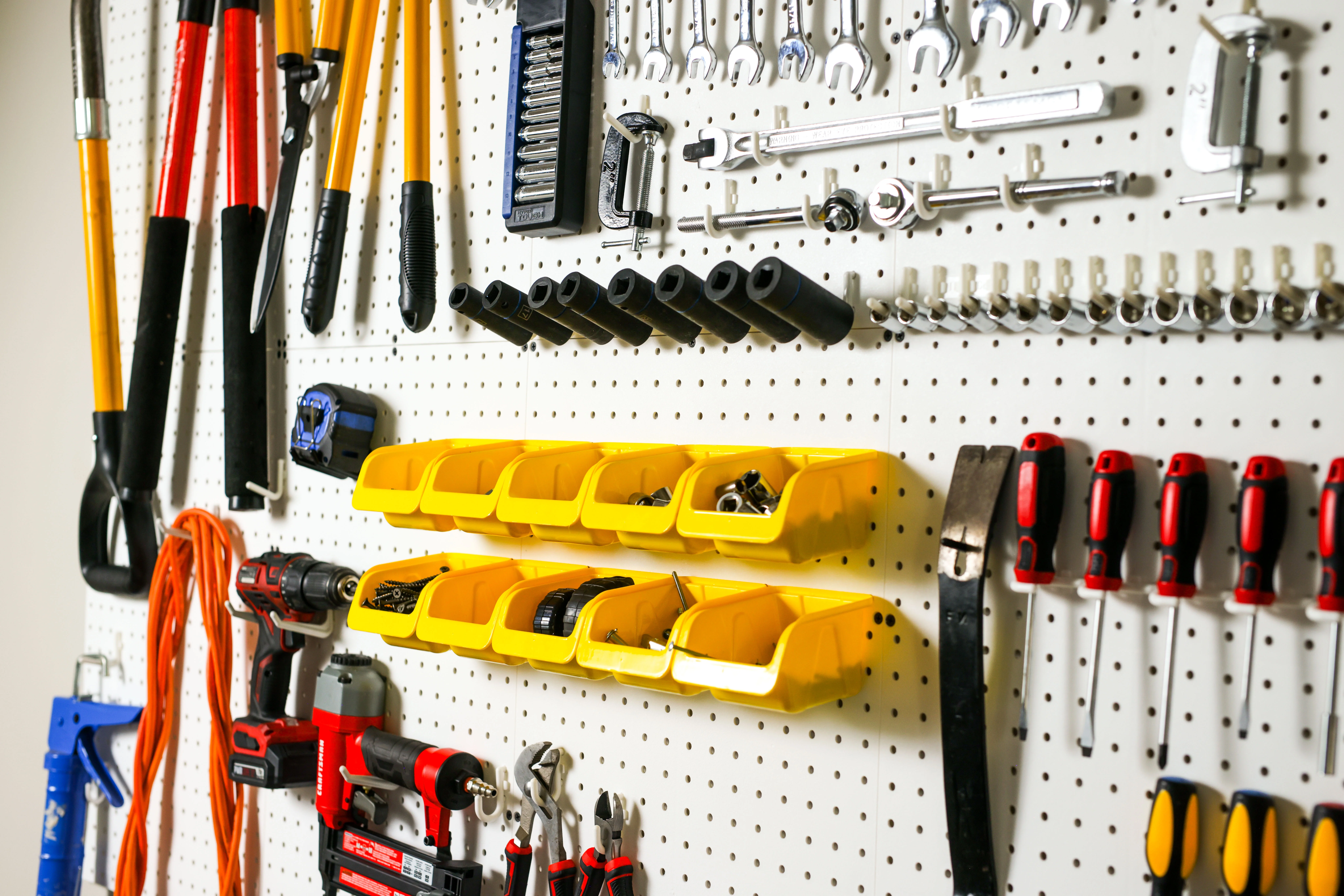 WallPeg Pegboard Wall Organizer Kit - (96"x32") Black Peg Board Panels, Shelves, Bins, Locking peg Hooks - Garage Storage for Tools. Crafts, Workbench Area - Made in USA