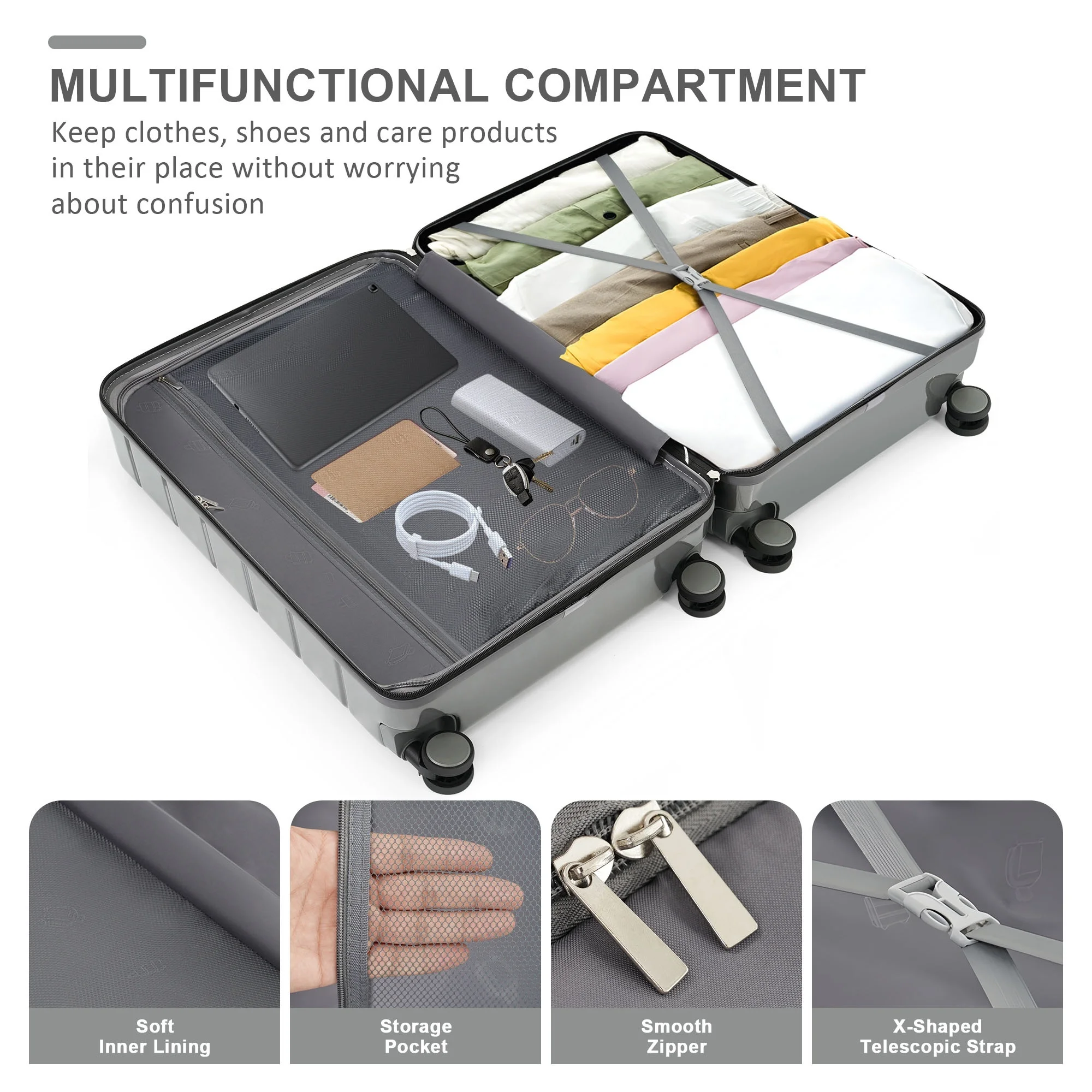 EUROCO 5 Piece Luggage Sets,ABS Hardside Carry On Suitcase with TSA Lock, Side hooks,4 360 Spinner Wheels,Expandable Duffel Bag & Foldable Backpack,20"/24"/28",Grey