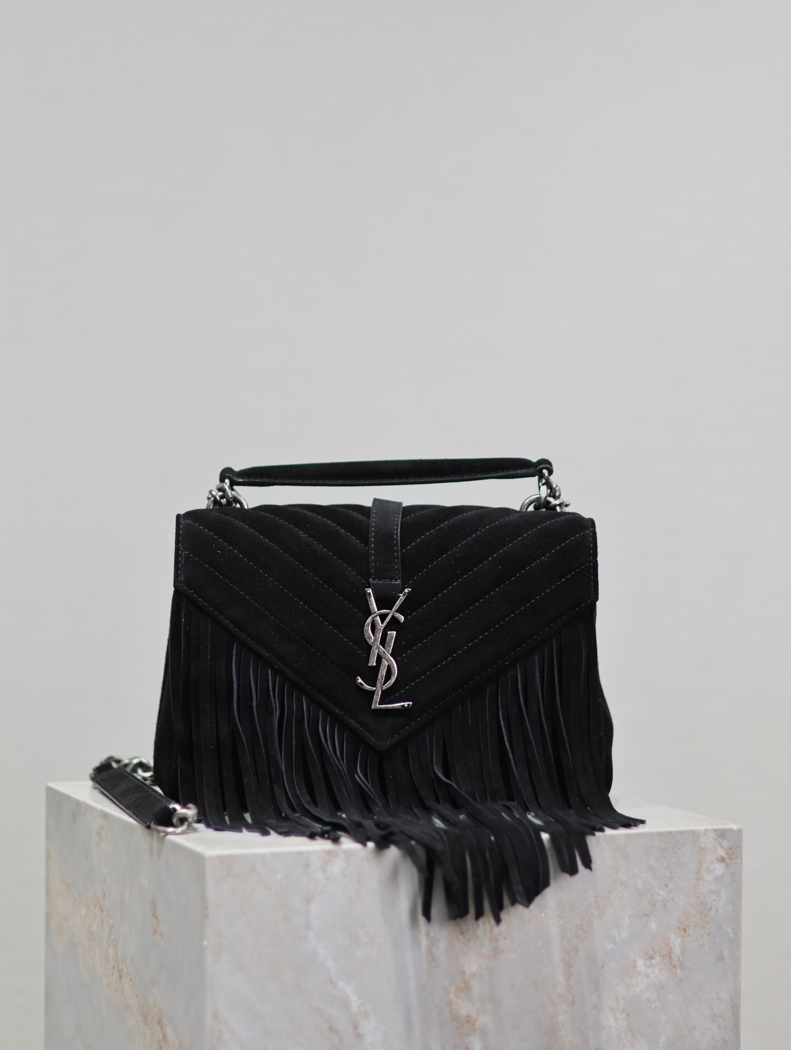 YSL Black Fringe College Matelassé Suede Chevron Quilted YSL Silver Logo Top Handle Bag