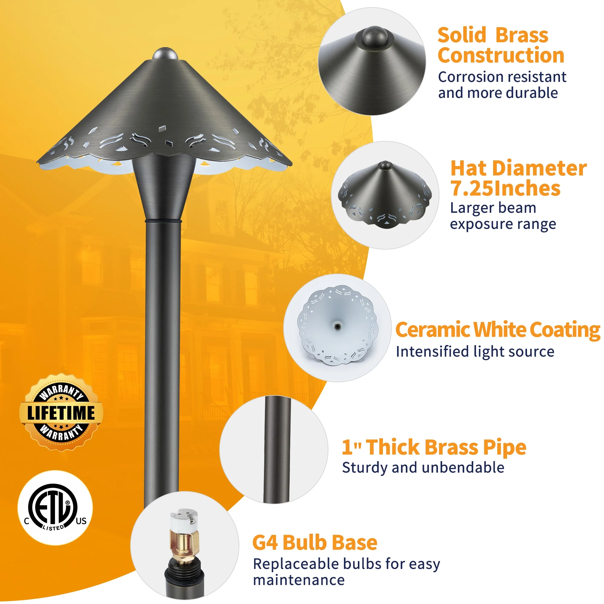 Gardenreet Brass Low Voltage Pathway Lights, 12V Outdoor LED Landscape Path Lights(Hat) for Walkway Driveway Garden Yard Without G4 Bulb