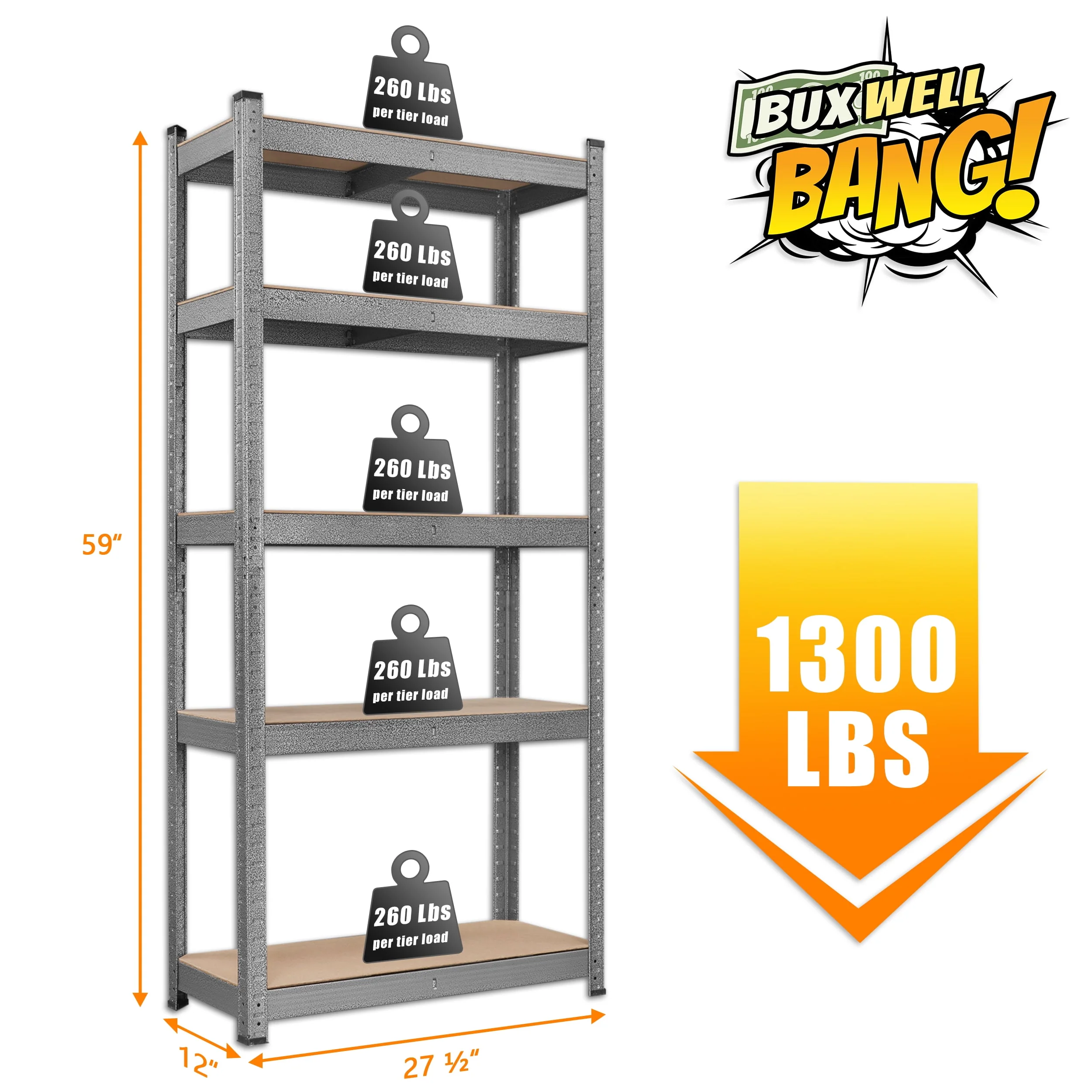 BuxWellBang 5-Shelf Heavy Duty Shelving - Adjustable Garage Storage Shelves