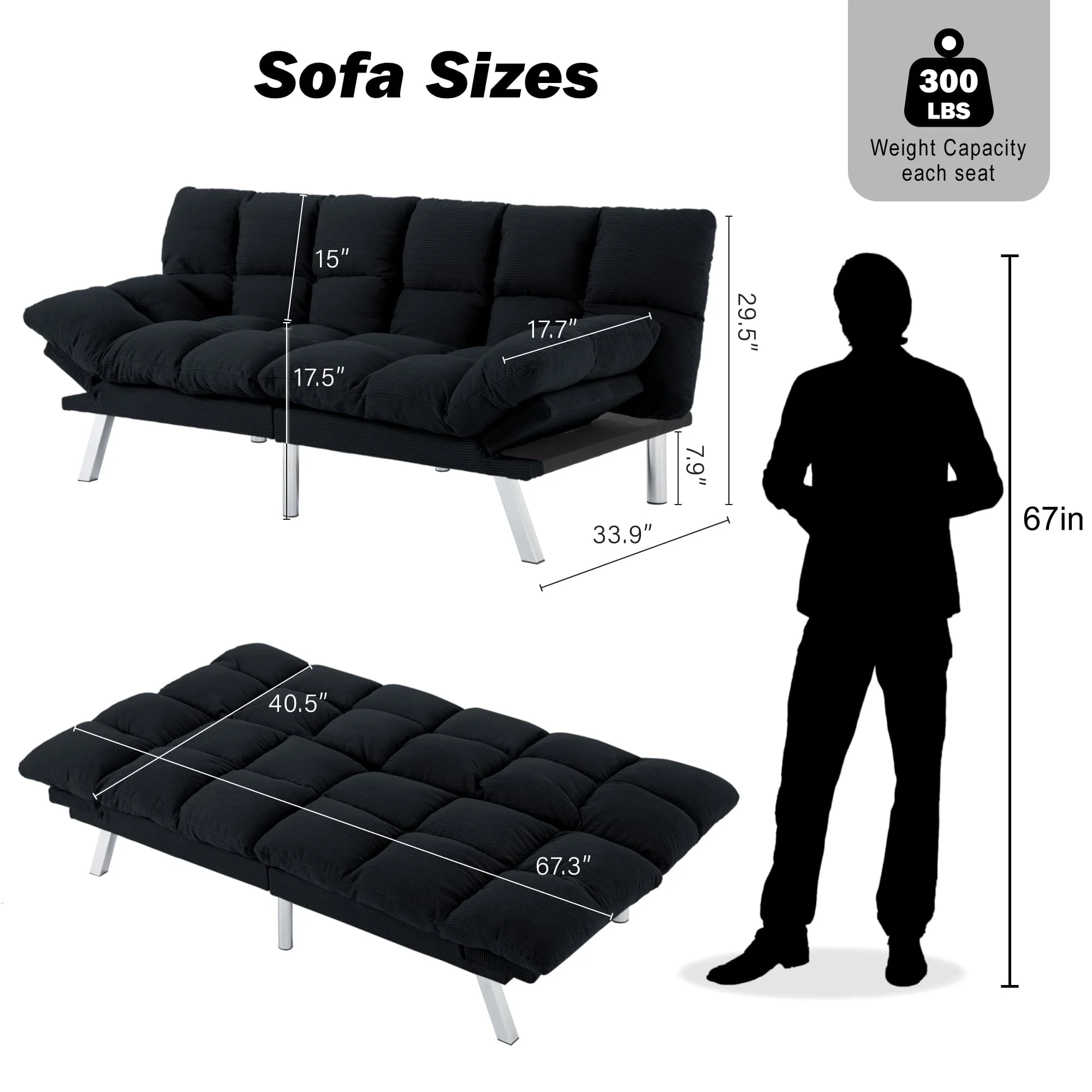 BSHTI 67.3" Multi-Functional Futon Sofa Bed, Corduroy Twin Size convertible Sleeper Sofa, With 3-Position Adjustable Backrest & Armrests, Split-Back, Pitch Black