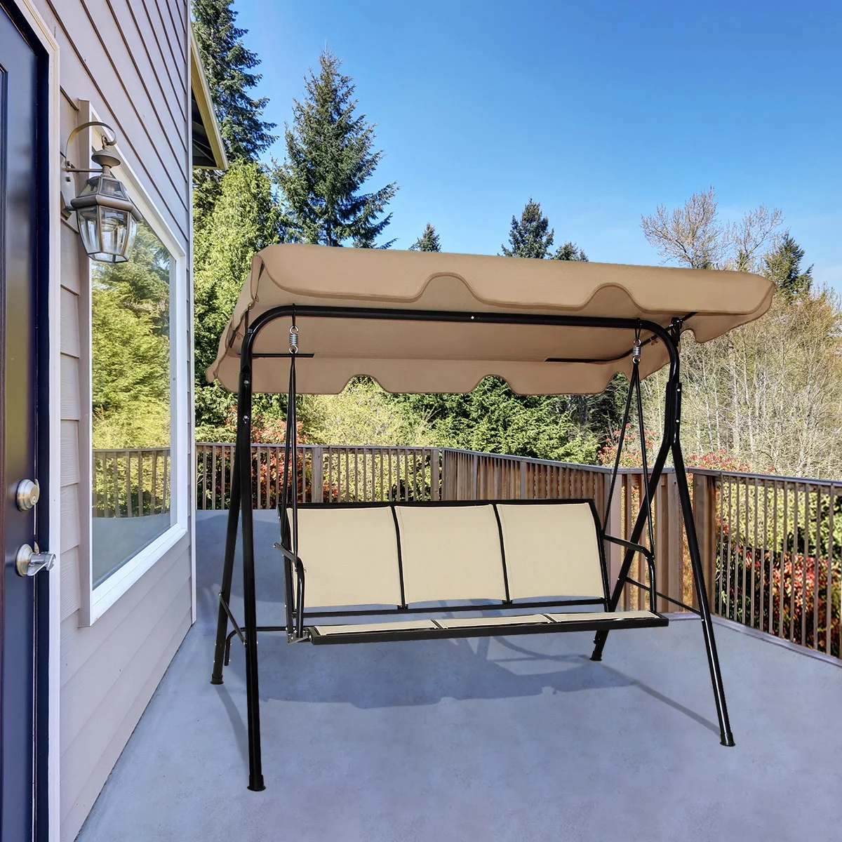 Costway Outdoor Patio Swing Canopy 3 Person Canopy Swing Chair Patio Hammock Brown