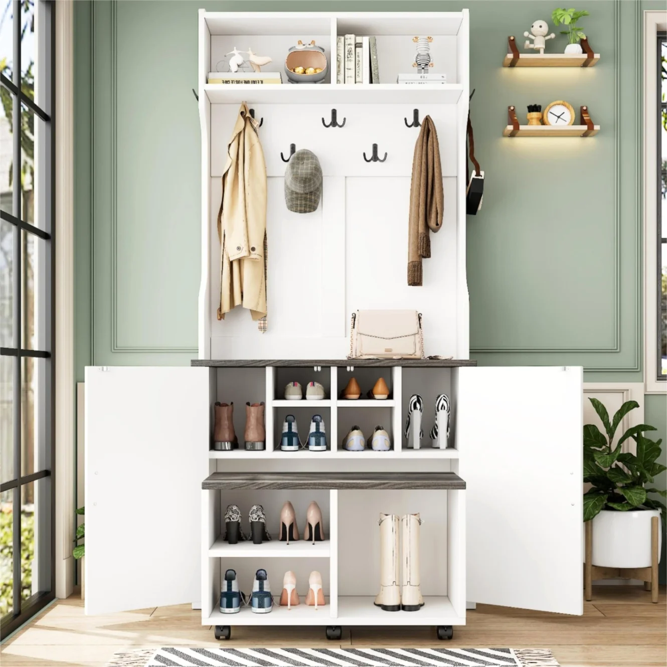 Farmhouse 4-in-1 Hall Tree, with Barn Doors 7 Hanging Hooks and Shoe Storage Cabinet, 76.9"H Entryway Coat Rack with 6 Brake Wheels for Hallway, Living Room, White