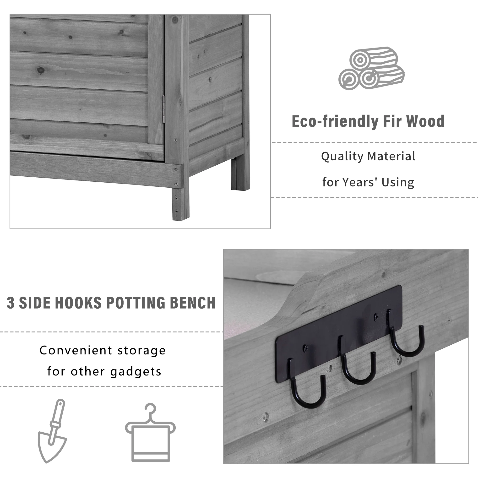 YIYADO Outdoor 39" Potting Bench Table, Rustic Garden Wood Workstation Storage Cabinet Garden Shed with 2-Tier Shelves and Side Hook, Grey