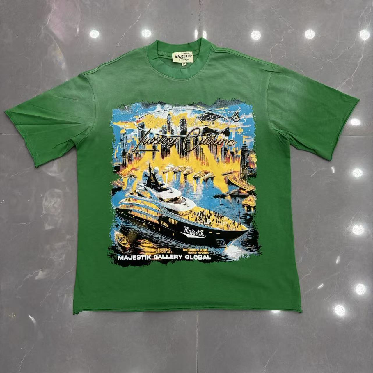 Green washed vintage maritime ship print short-sleeved shirt