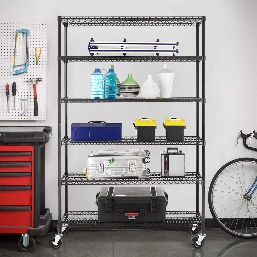 Black Commercial 6 Tier Shelf Adjustable Steel Wire Metal Shelving Rack