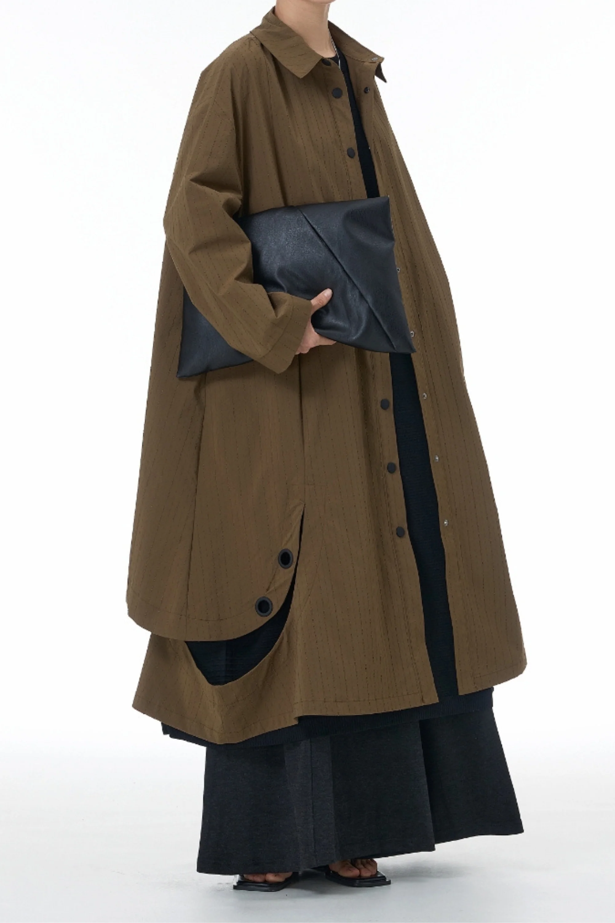 Brown Textured Eyelet Streetwear Trench Coat