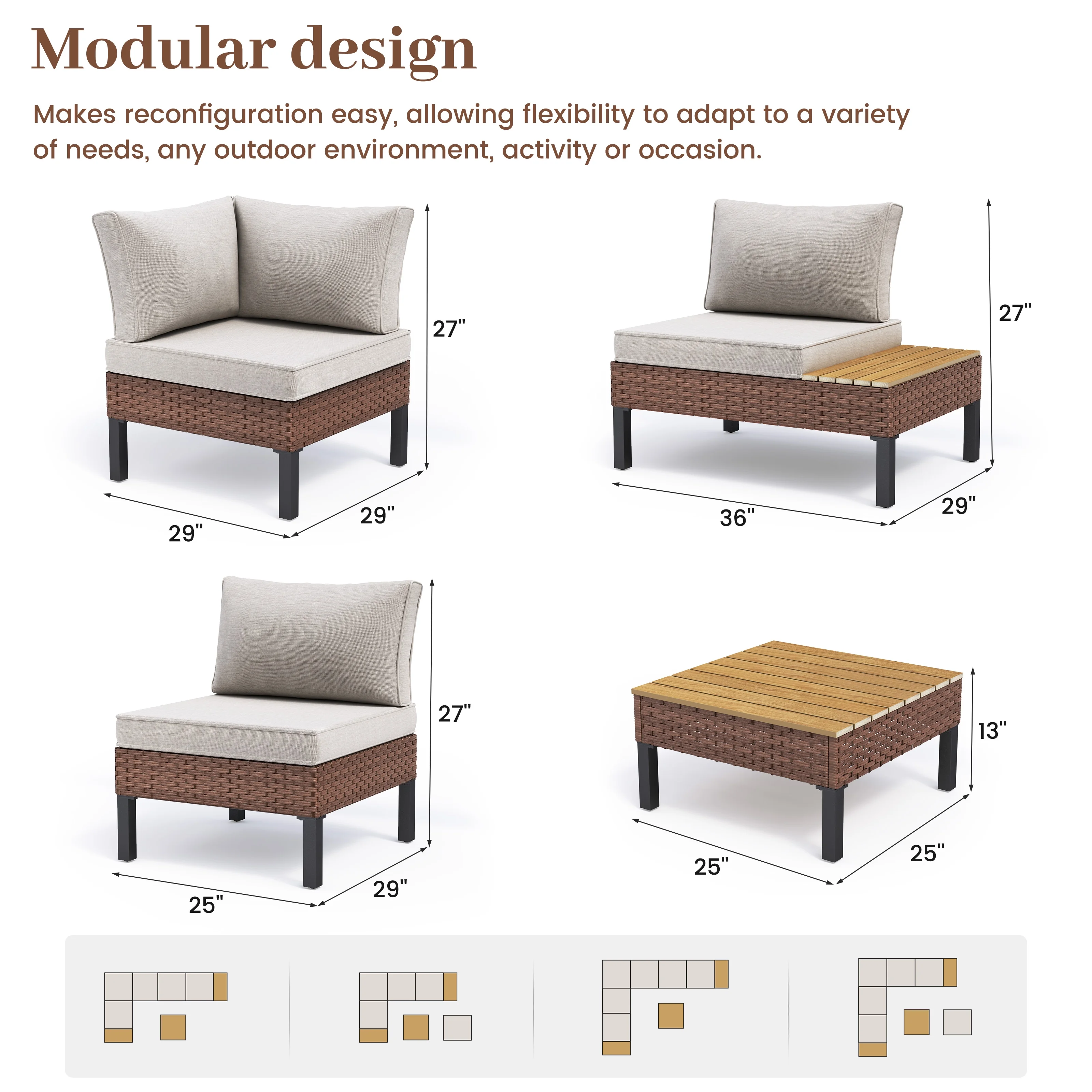 MRUAKA L Shaped Conversation Sectional Sofa Set with Coffee Table, 5 Pieces Patio Furniture Seating Group with Side Table for Backyard Garden, Beige Grey