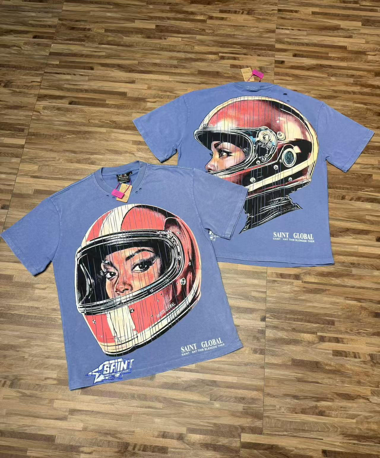Blue vintage helmet female racing driver printed short-sleeved T-shirt