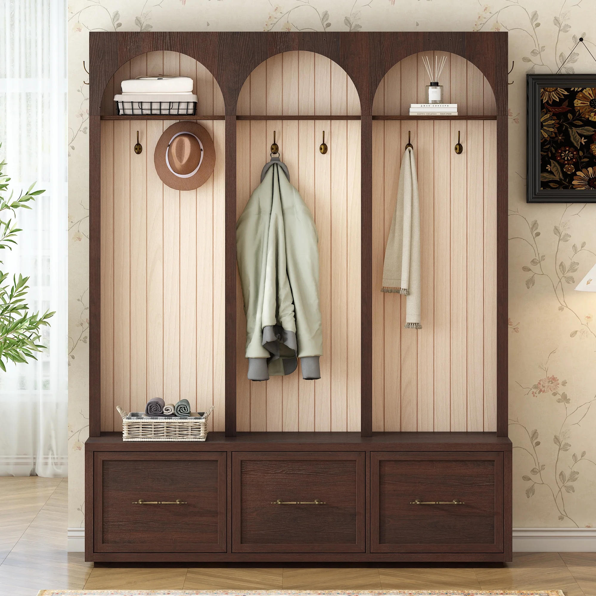 Euroco Farmhouse Wooden Style Hall Tree with Arched Design, Elegant 59