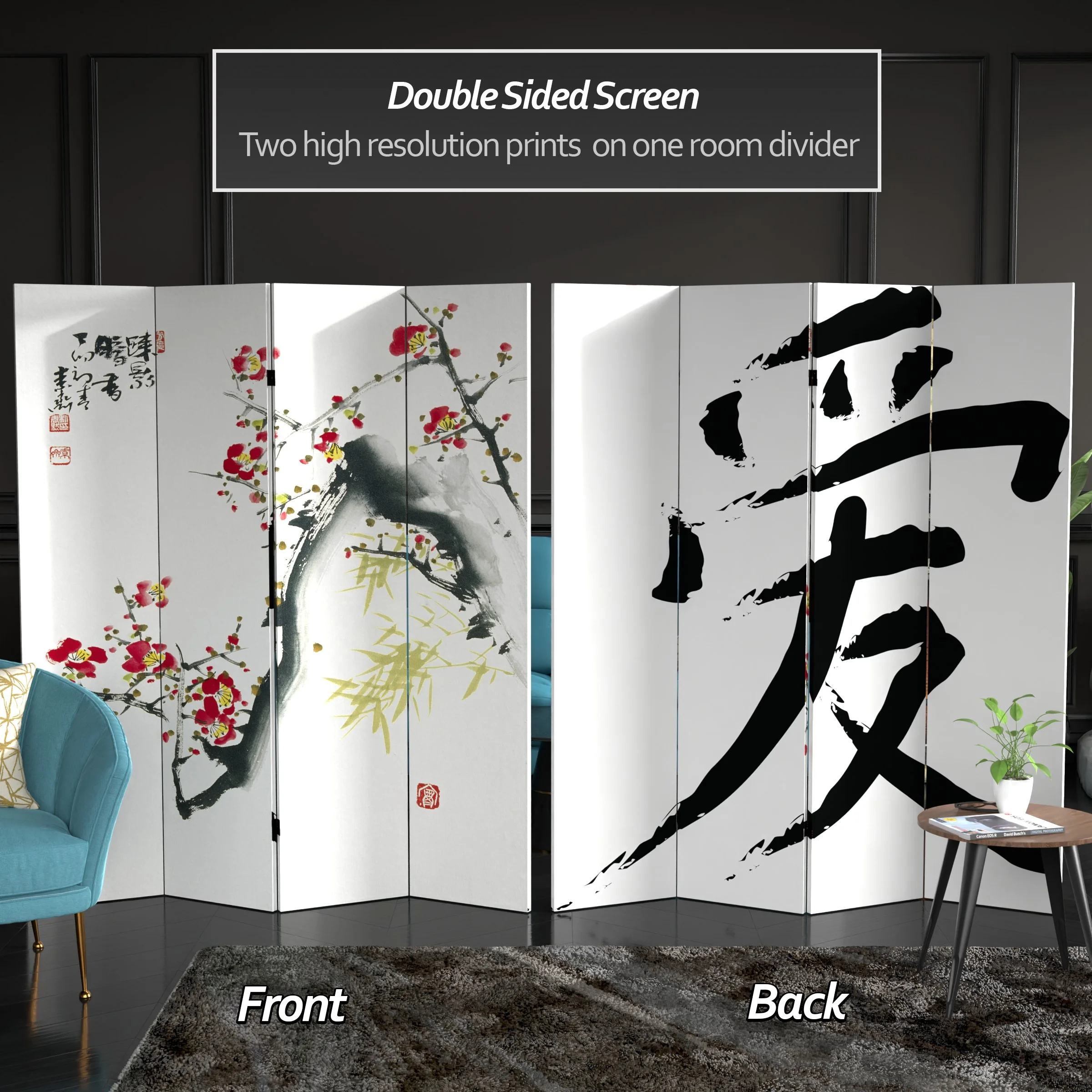 Handmade 6' Canvas Wood and Cherry Blossom Room Divider