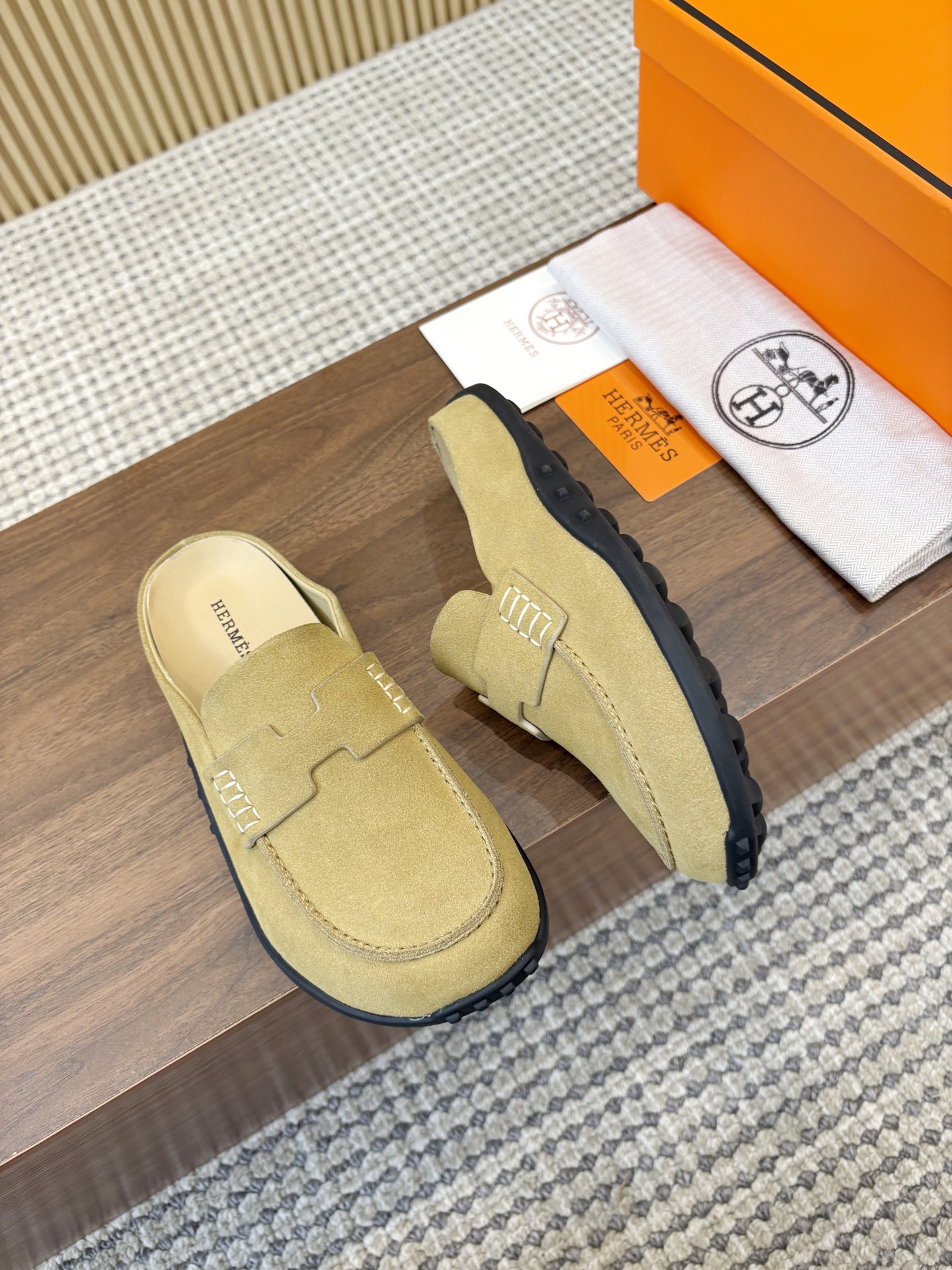 Hermès Beige Argile H Cut-Out Suede Leather Go Loafer Mules