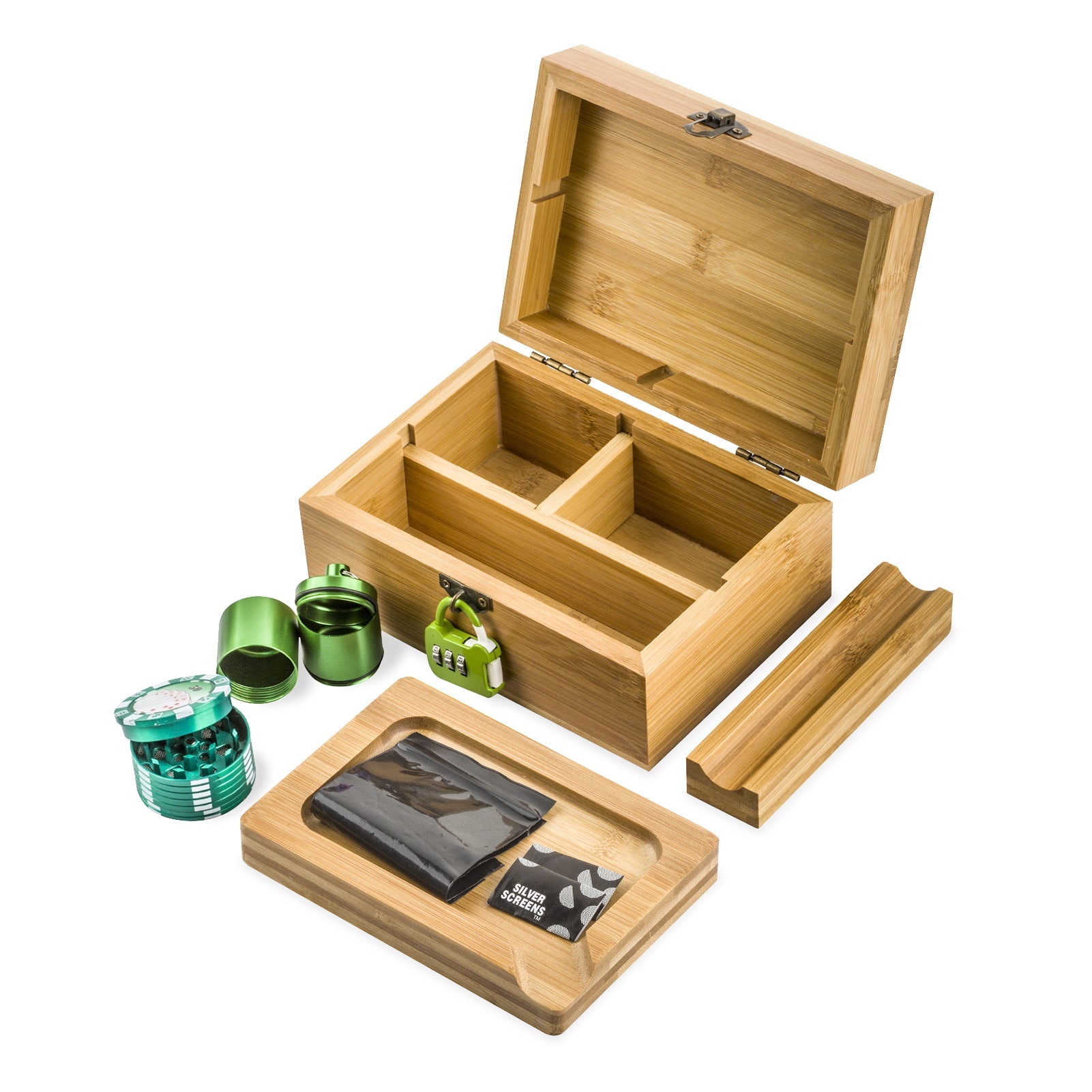 Stash Box Lock Green w/ Glass Pipe Silicone Hitter Chillum Set