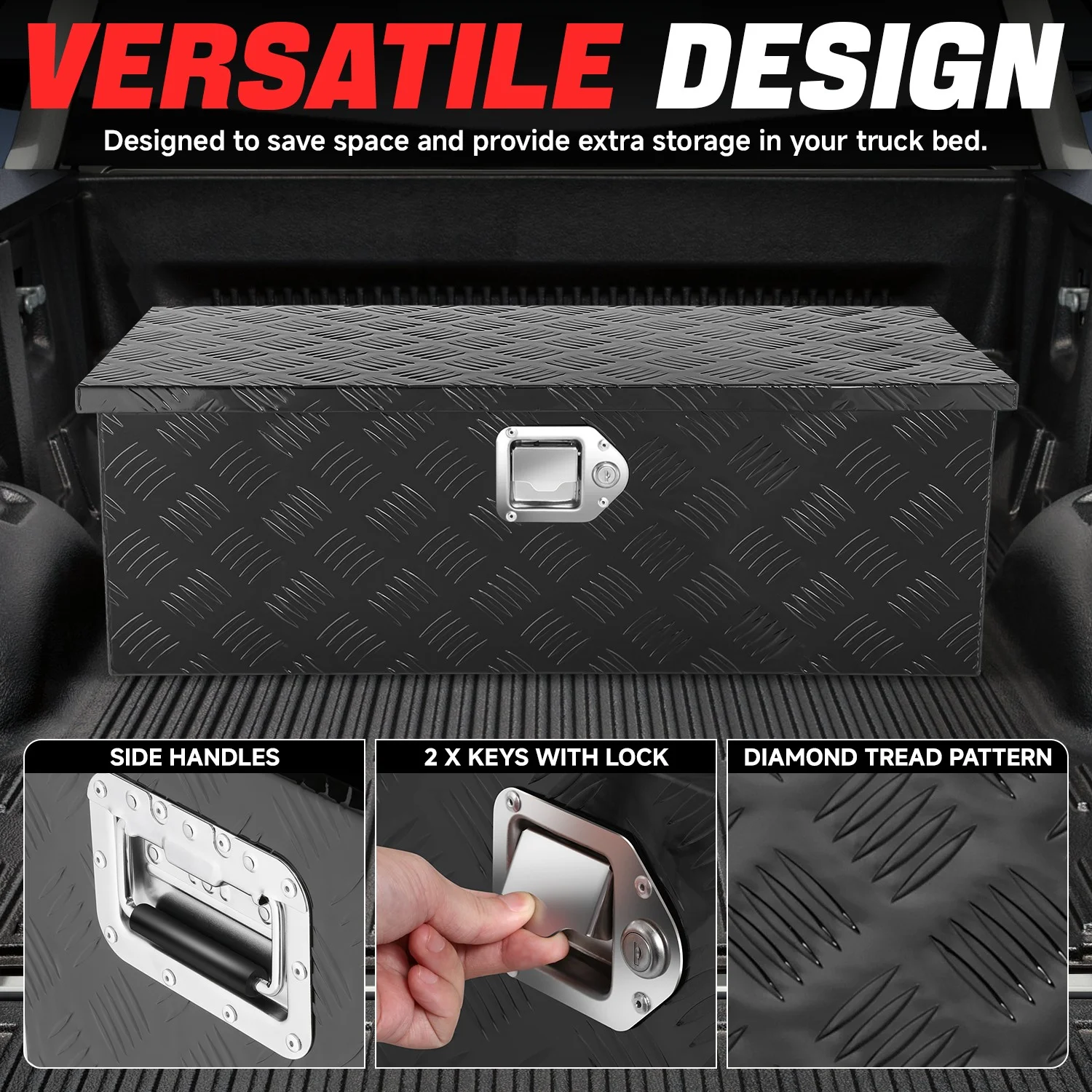 DNA Motoring 30"x13"x10" Aluminum Tool Box Pickup Truck Bed RV Trailer Storage w/Lock & Key Black