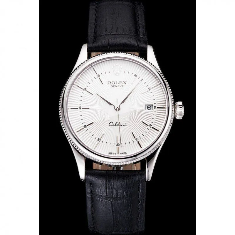 Swiss Rolex Cellini Date White Dial Stainless Steel Case Black Leather Strap