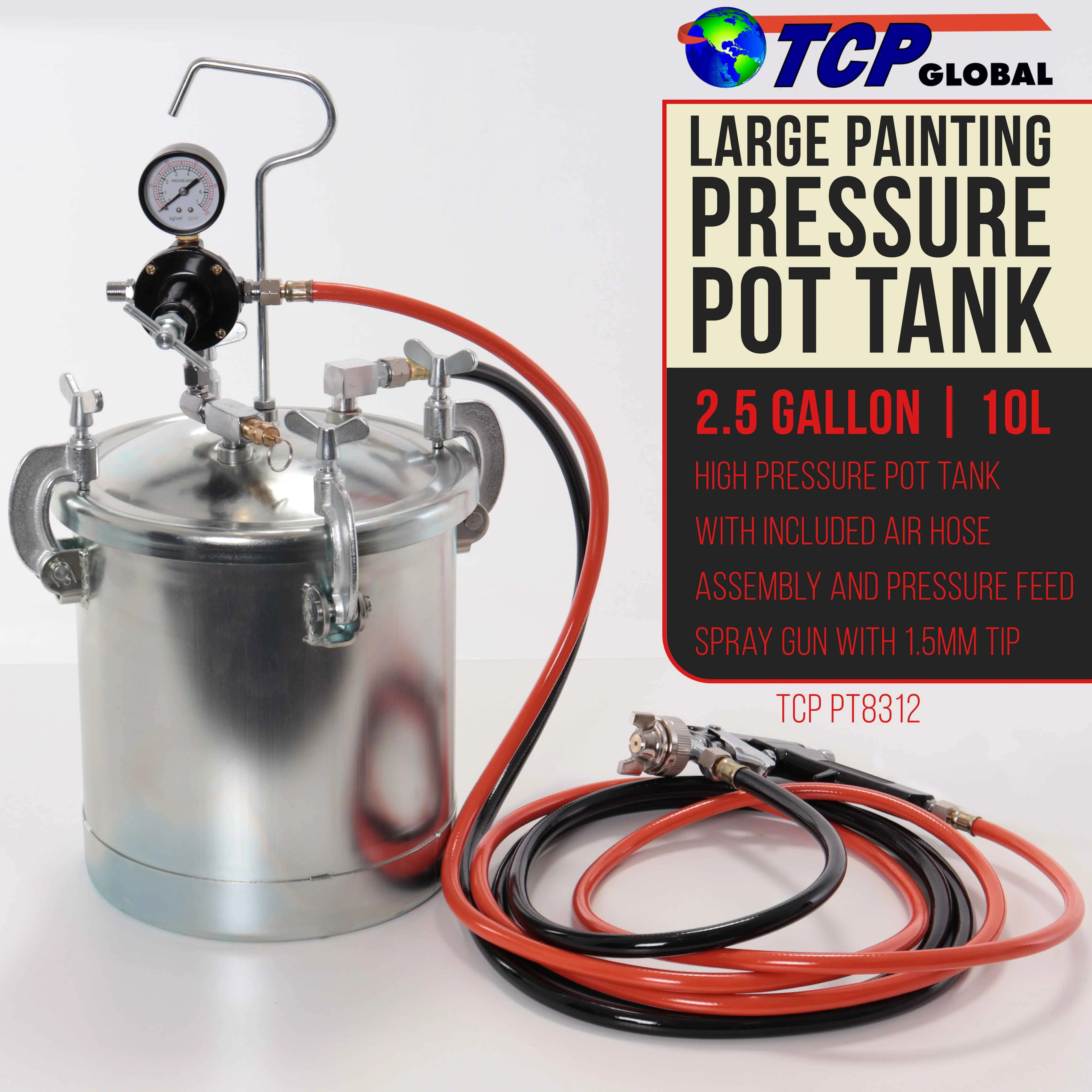 TCP Global Pressure Tank Paint Spray Gun with 1.5 Mm Nozzle 2-1/2 Gal. Pressure Pot & Spray Gun with Hoses