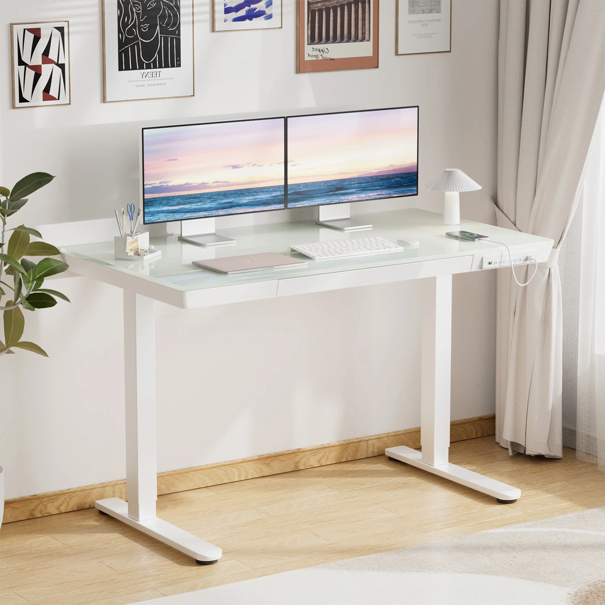 CHITOOMA Glass Top Electric Standing Desk with Drawer, 48'' x 24'' Electric Height Adjustable Desk with USB Charging Ports, Sit Stand up for Home Office