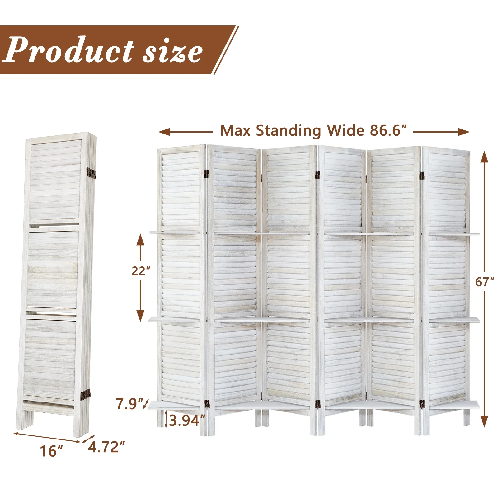 6-Panel Room Divider with Shelves5.6ft Tall Folding Privacy Screen Panels, Room Divider Wall, Divider for Room Separation, Room Divider ShelvesEffectively Block SightNatural