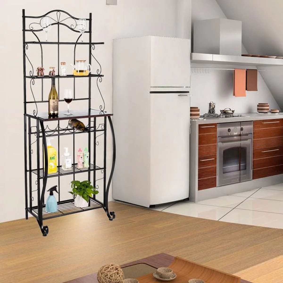 5-Tier Black Metal Cappuccino Finish Shelf Kitchen Bakers Rack Scroll Design with 5 Bottles Wine Storage
