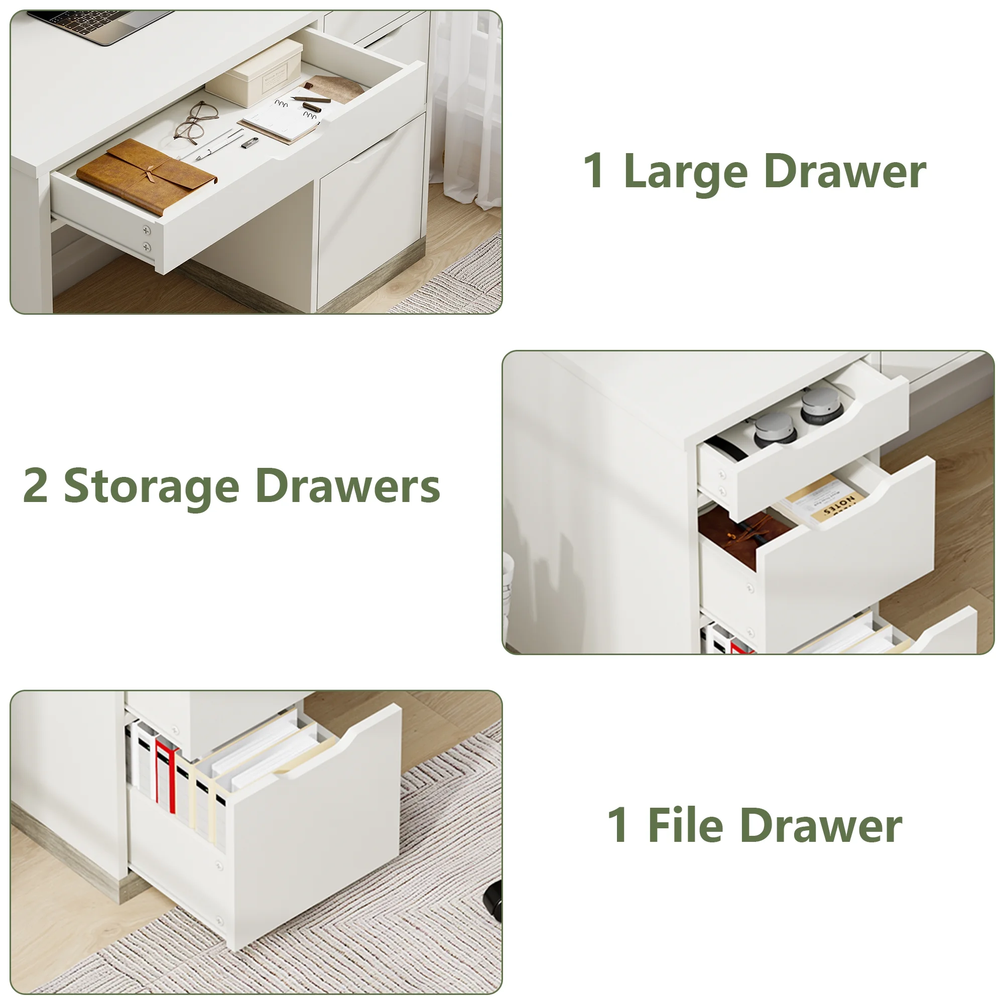 DreamCurship White Desk with Drawers, Modern Computer Desk with File Drawers, Home Office Study Writing Desk with Storage, White