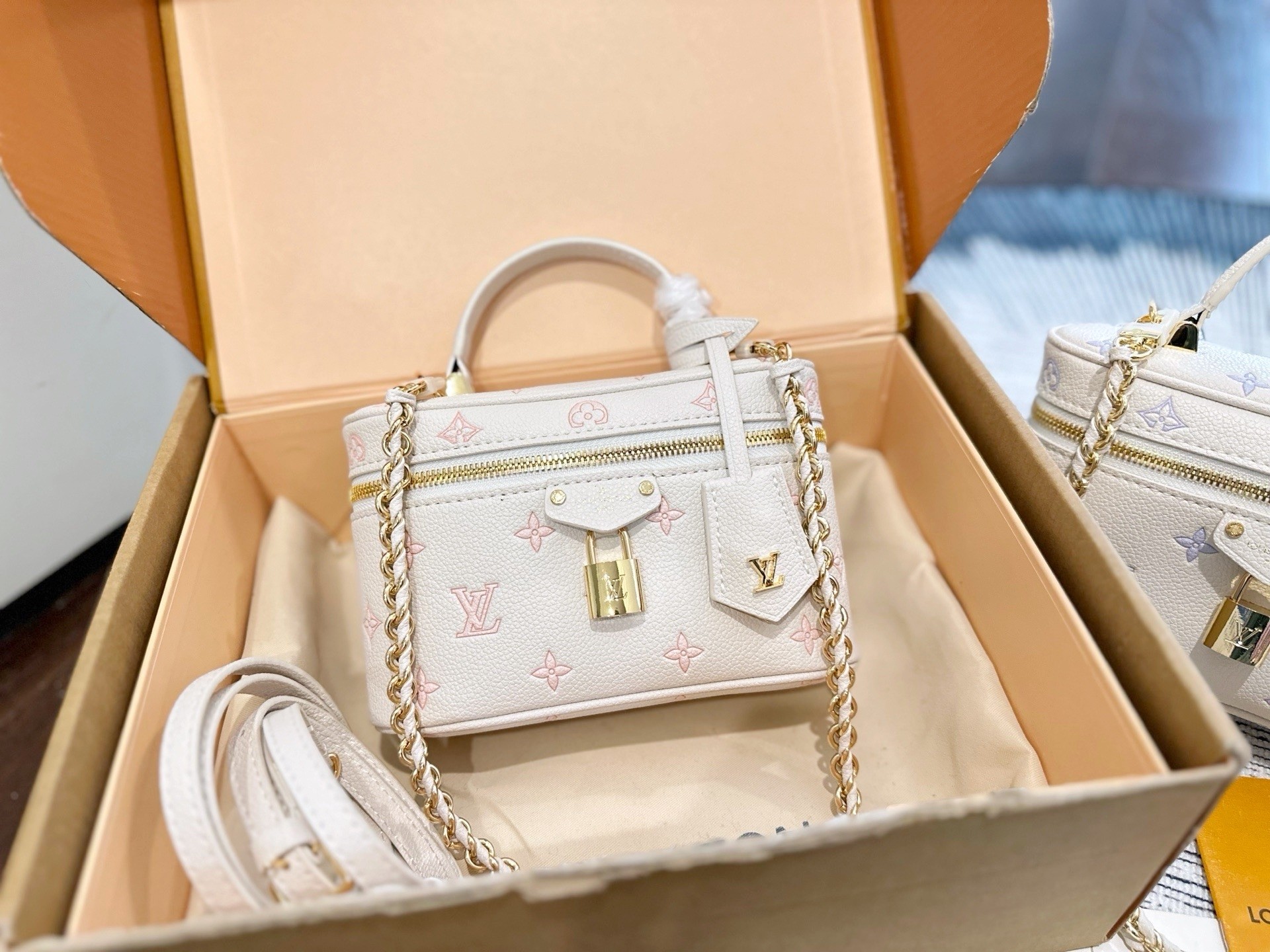 LV Mini Nice Vanity Cream Base Pink Embossed Monogram Crossbody Top Handle Bag