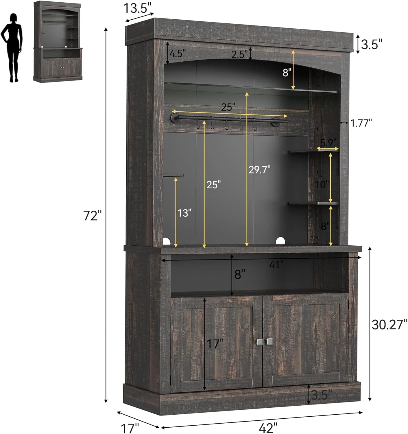 GarveeHome 72" Tall Coffee Bar Cabinet with LED Lights, Farmhouse Buffet Cabinet with Storage, Kitchen Sideboard with Microwave Stand, Wine Rack, and Glass Shelf for Dining Room, Dark Oak