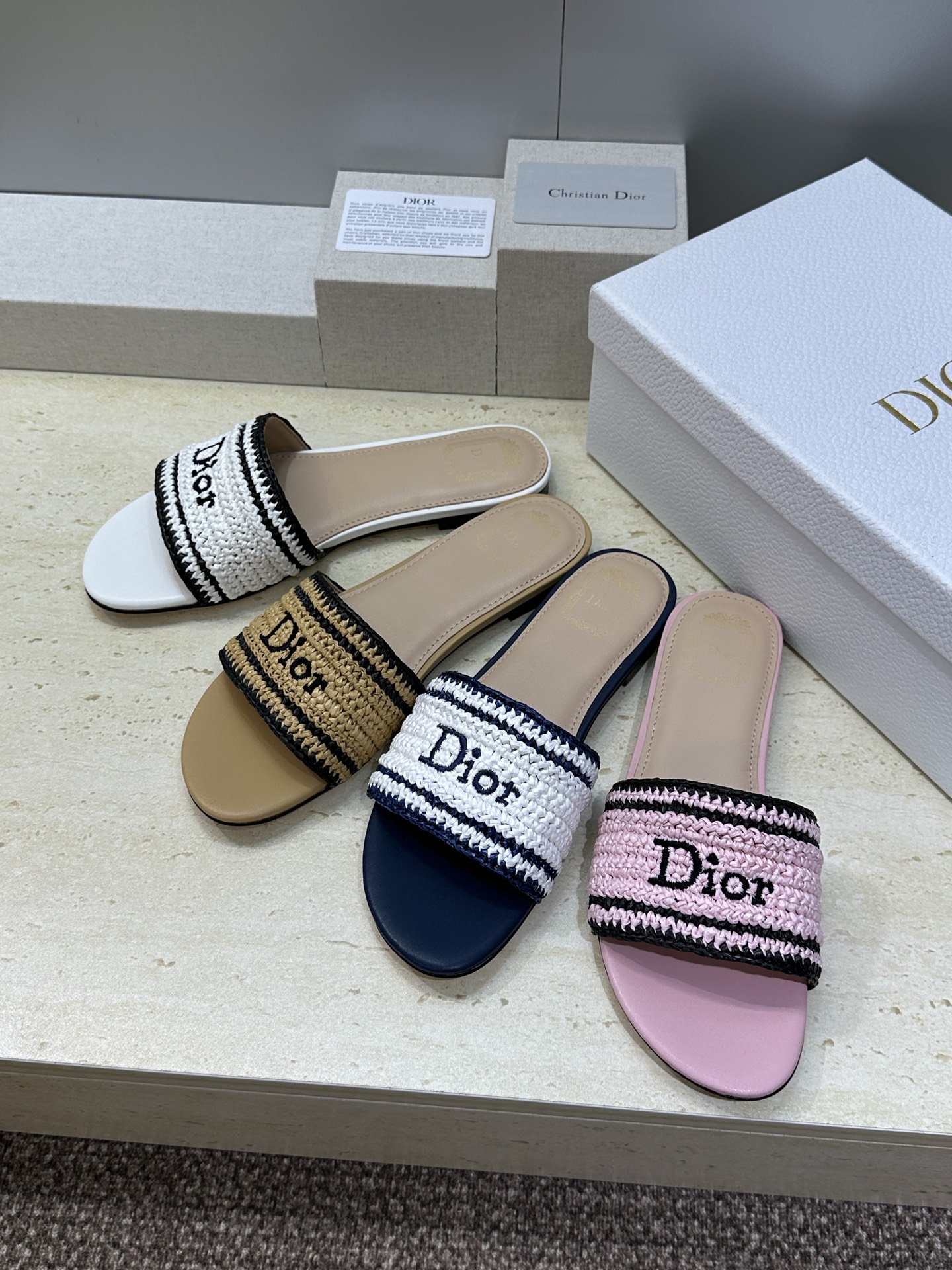 Dior Raffia Embroidered Logo Flat Slides
