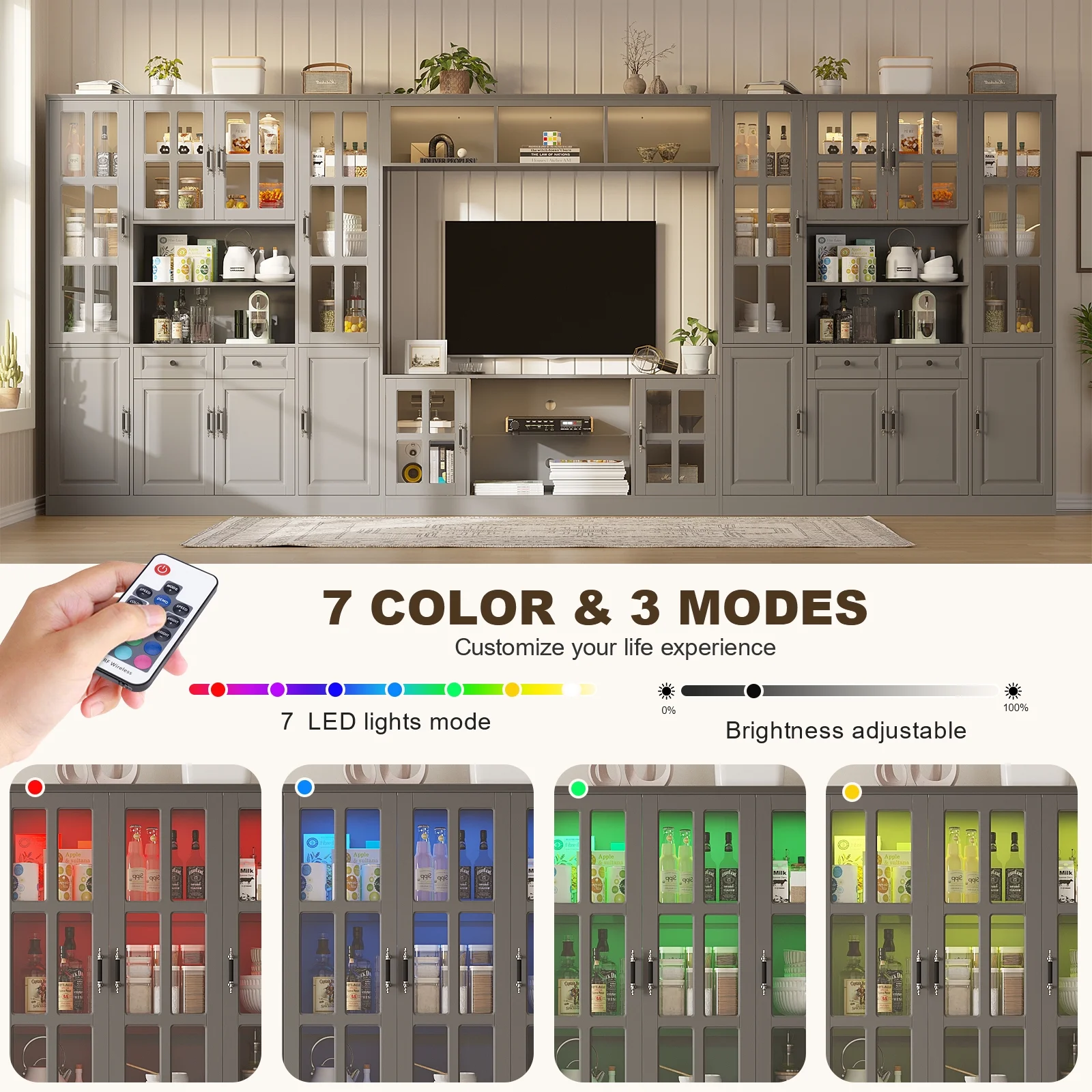 MEISSALIVVE 4-Piece Wall Unit TV Stand with Storage & LED Lights for TVs up to 75", Modern Entertainment Center with Bookshelves & 8-Door Pantry Cabinet, Gray