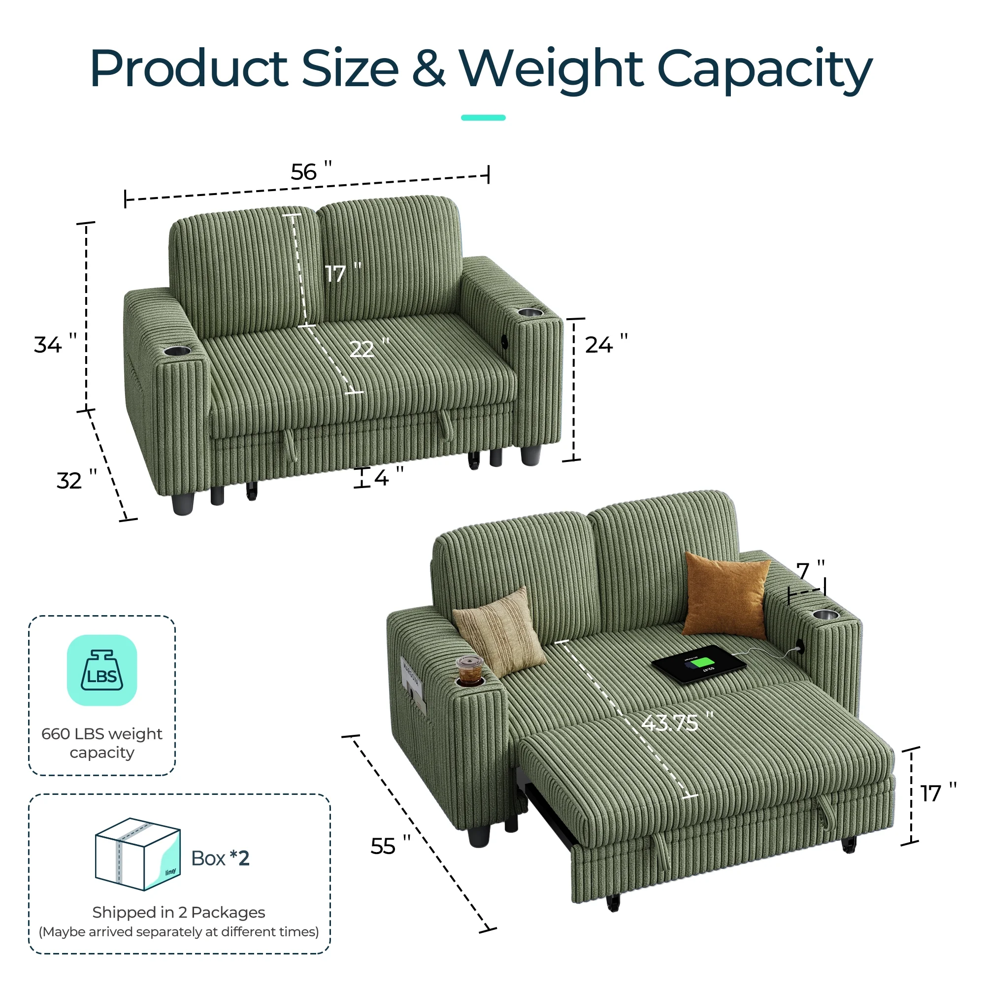Linsy Home Plush Corduroy Pull Out Couch Chaise Lounge, Convertible Loveseat Sofa Couch With Usb & Cup Holder, Green