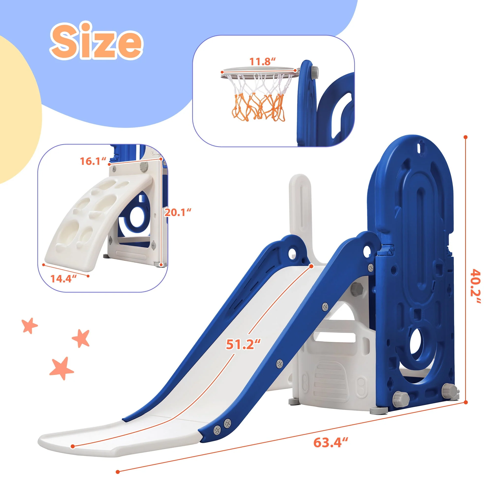4 in 1 Toddler Climber and Slide Set, Freestanding Kids Playground Set with Basketball Hoop and Hidden Storage Space, Play Combination for Indoor Outdoor, Blue