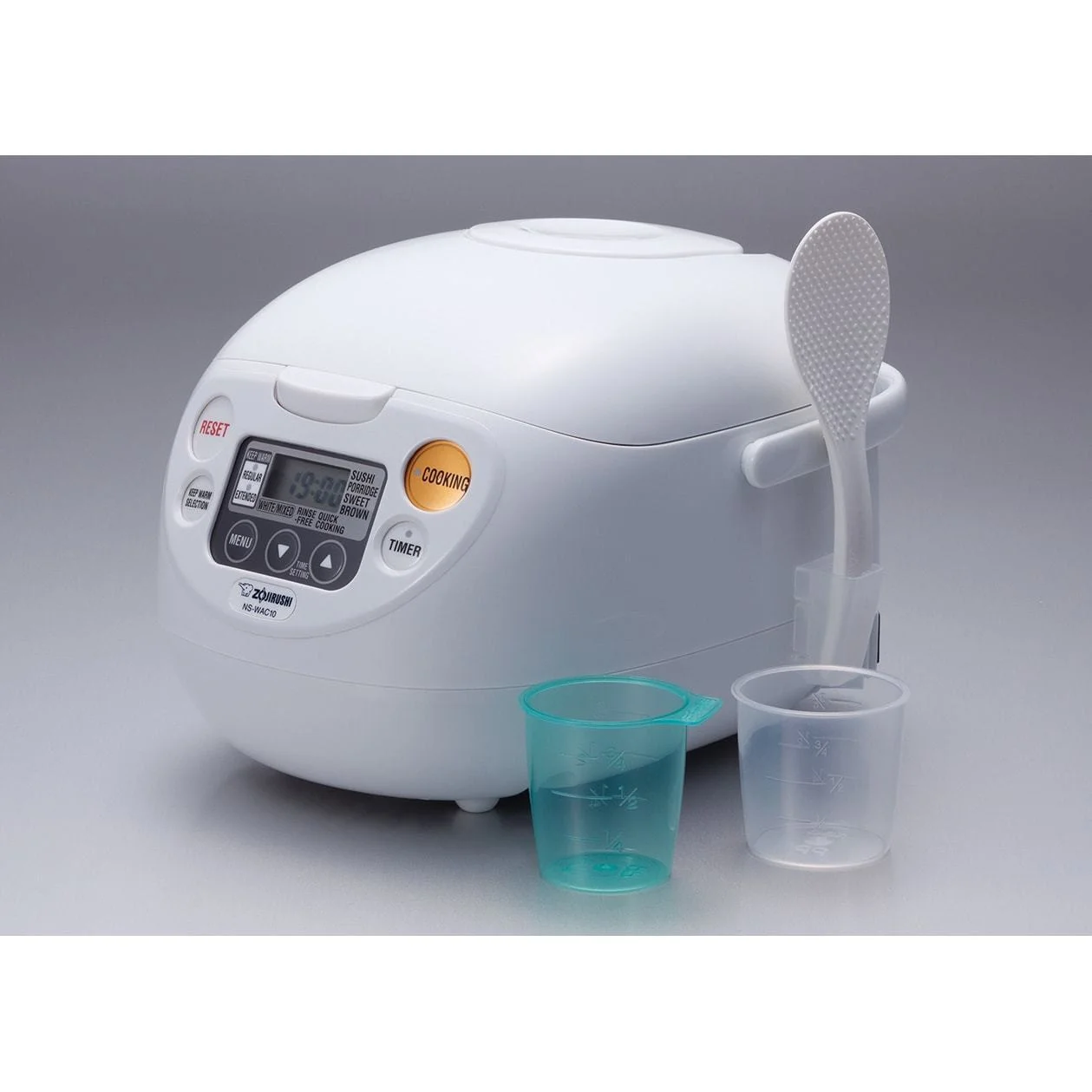 Zojirushi Micom Rice Cooker and Warmer (10-Cup/ Cool White) with Rice Washing Bowl and Bamboo Spoon